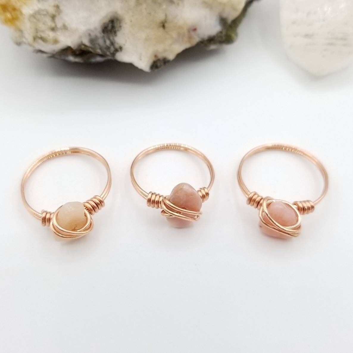 Pink Opal Ring, Copper Wire Wrapped Ring, October Birthstone, October Birthday Gift