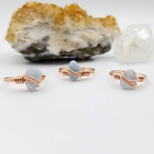 Aquamarine Ring, Copper Wire Wrapped Ring
