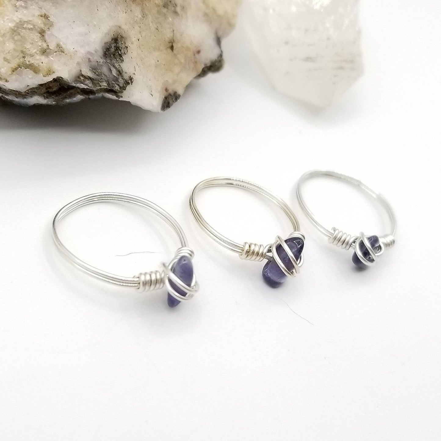 Iolite Ring, Silver Wire Wrapped Ring, Iolite Crystal Jewelry, Crystal Ring
