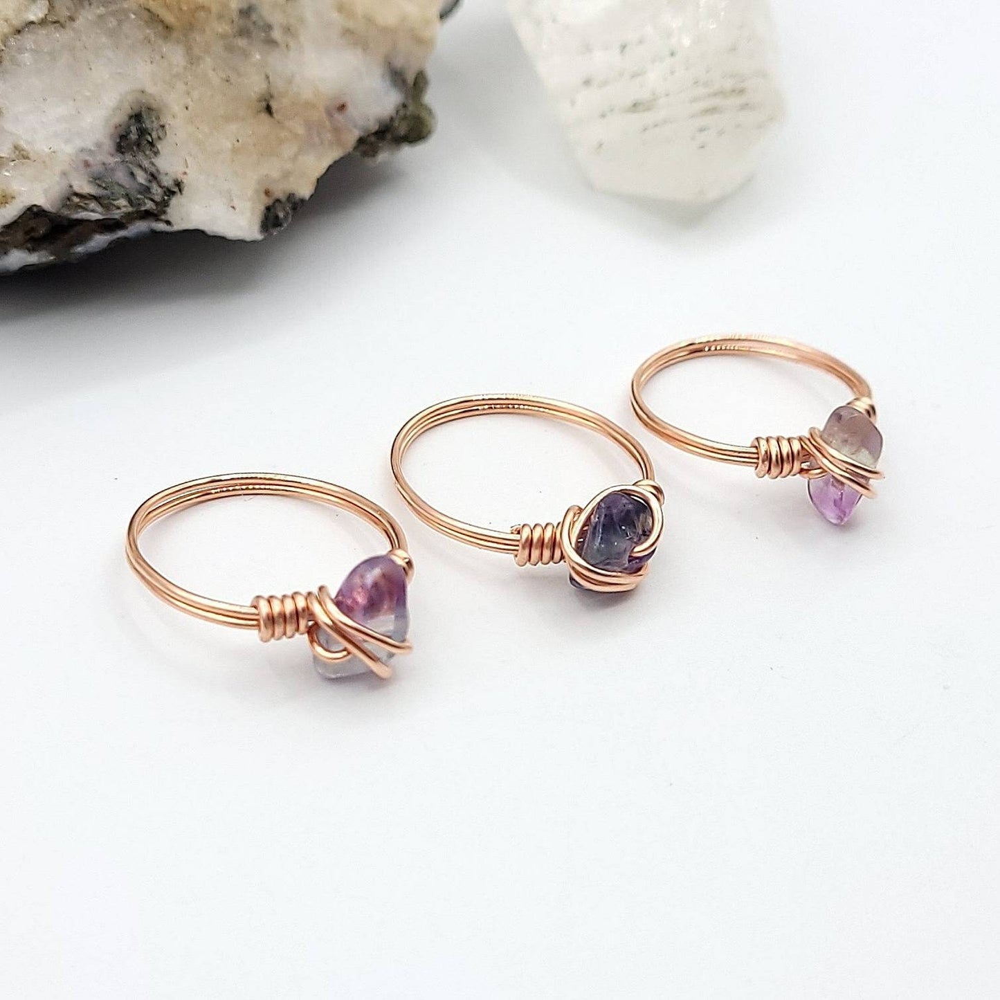 Fluorite Ring, Copper Wire Wrapped Ring side view