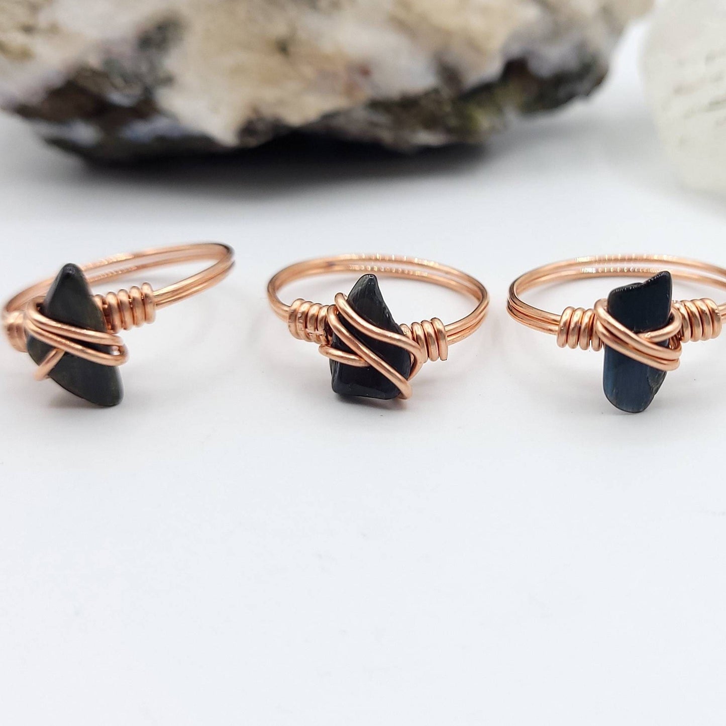 Blue Tiger's Eye Ring, Copper Wire Wrapped Hawk's Eye Ring
