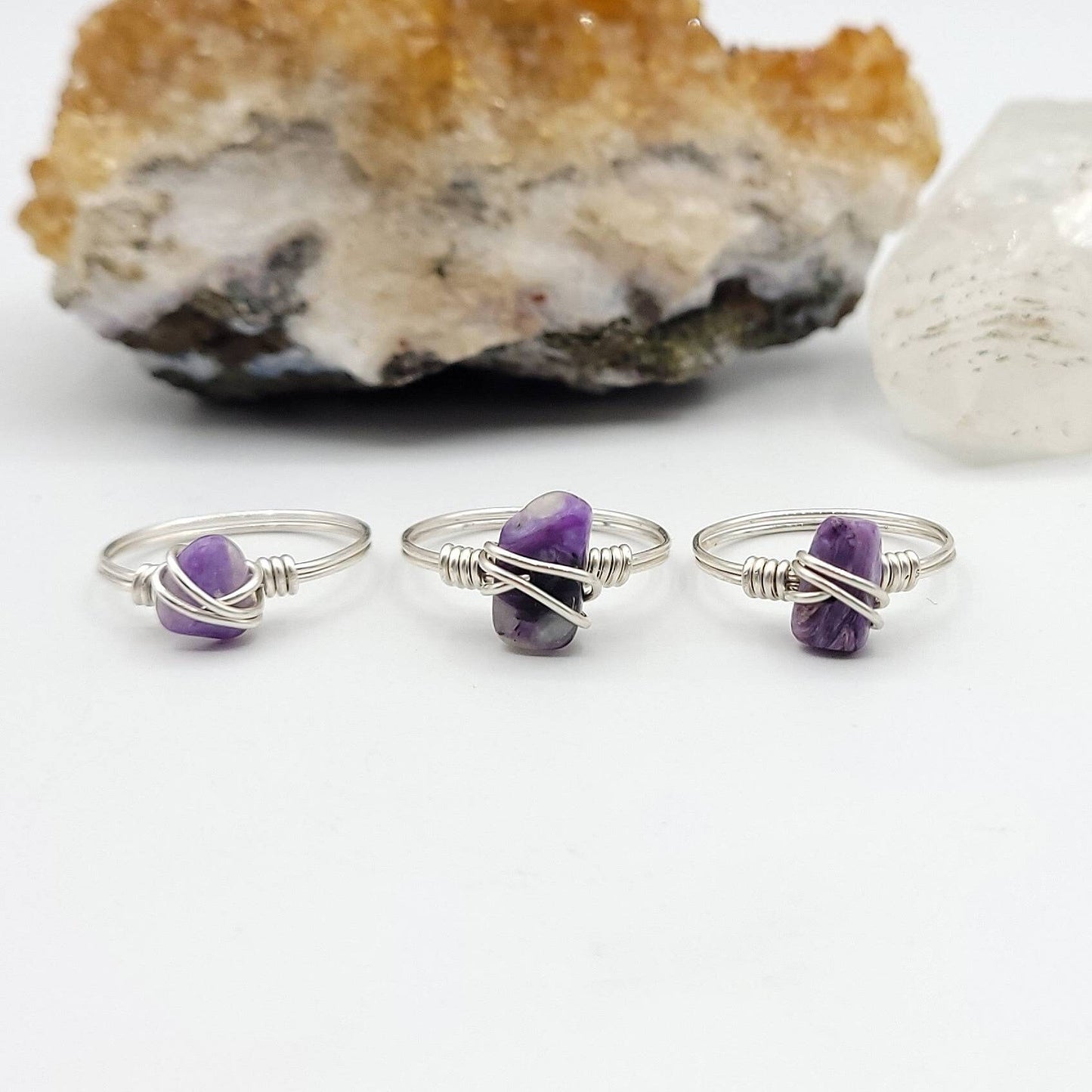 Charoite Ring, Silver Wire Wrapped Ring