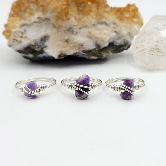 Charoite Ring, Silver Wire Wrapped Ring