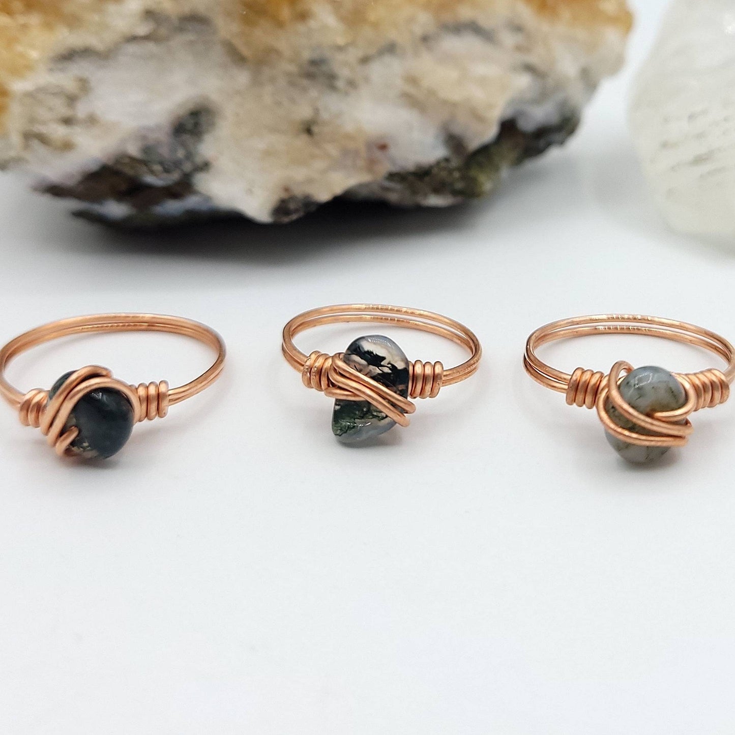 Green Moss Agate Ring, Copper Wire Wrapped Ring