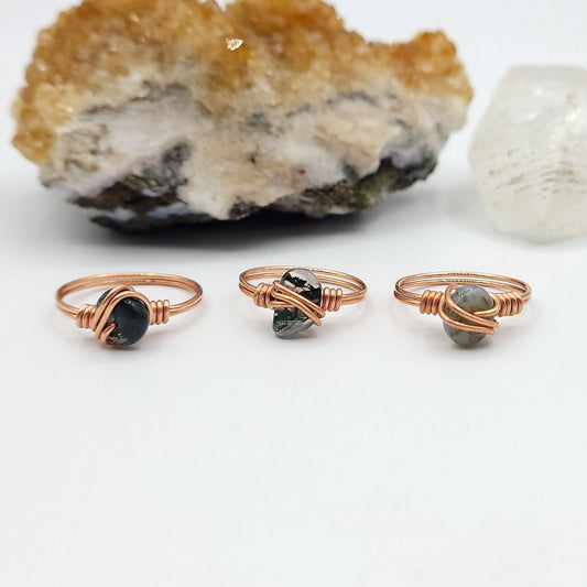 Green Moss Agate Ring, Copper Wire Wrapped Ring