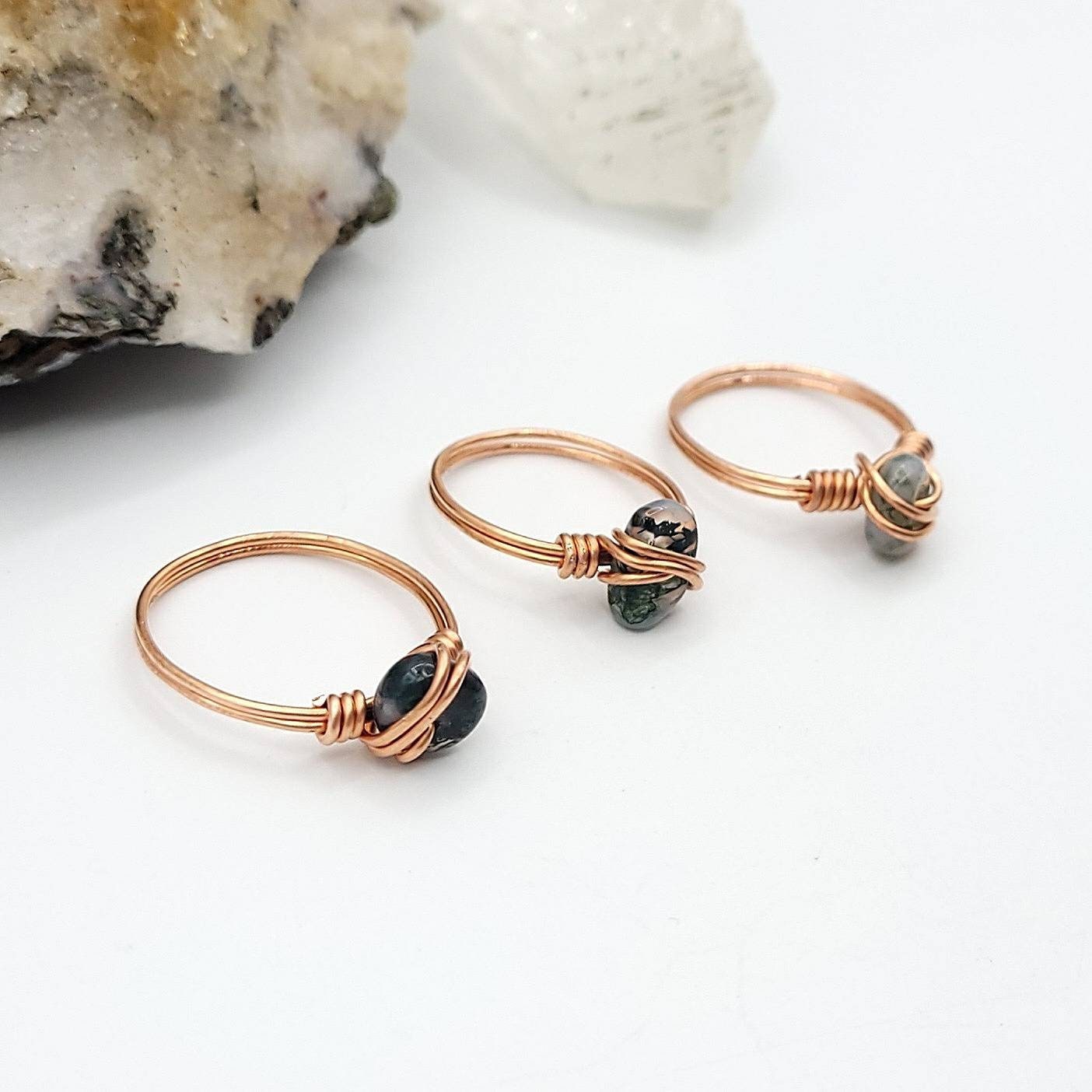 Green Moss Agate Ring, Copper Wire Wrapped Ring