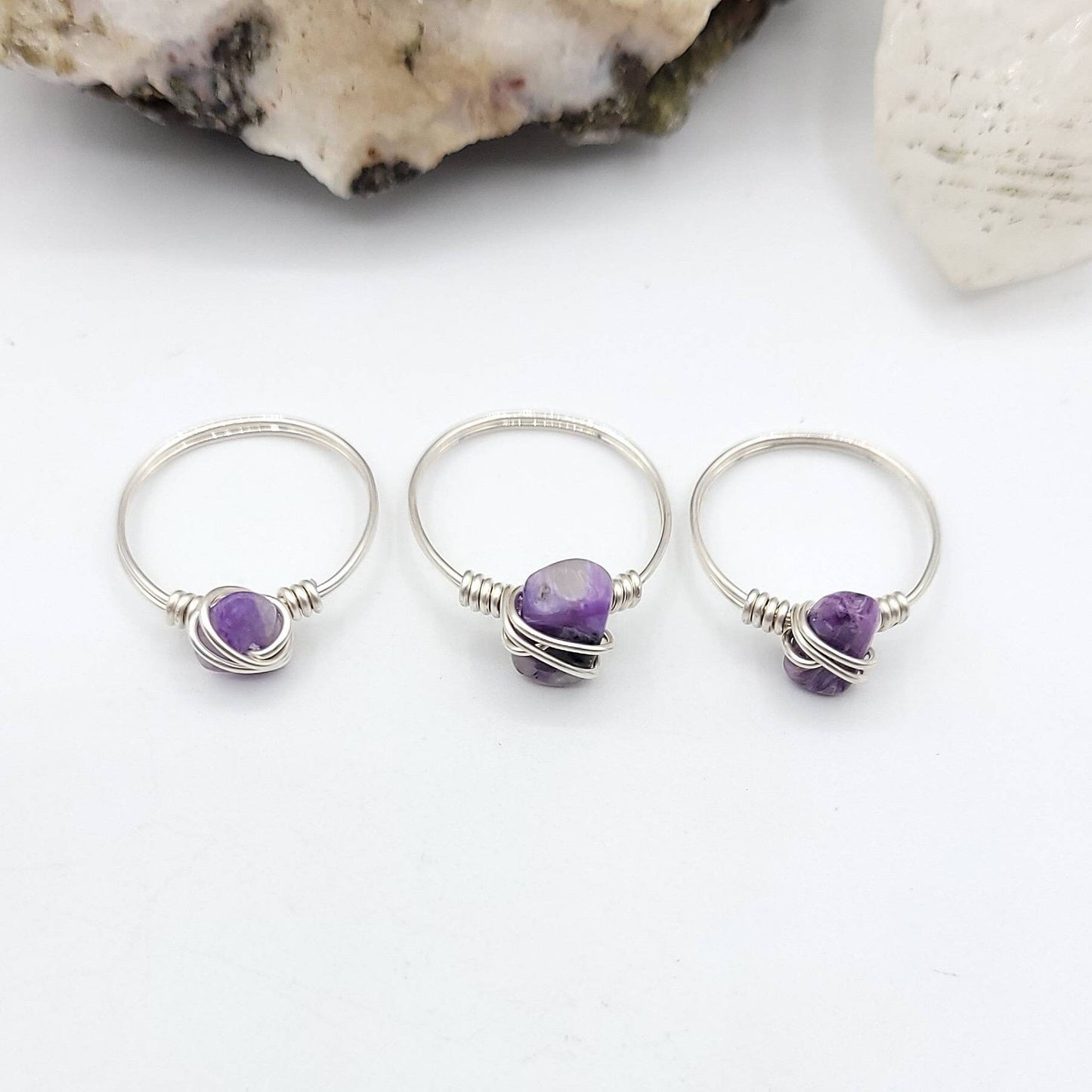 Charoite Ring, Silver Wire Wrapped Ring