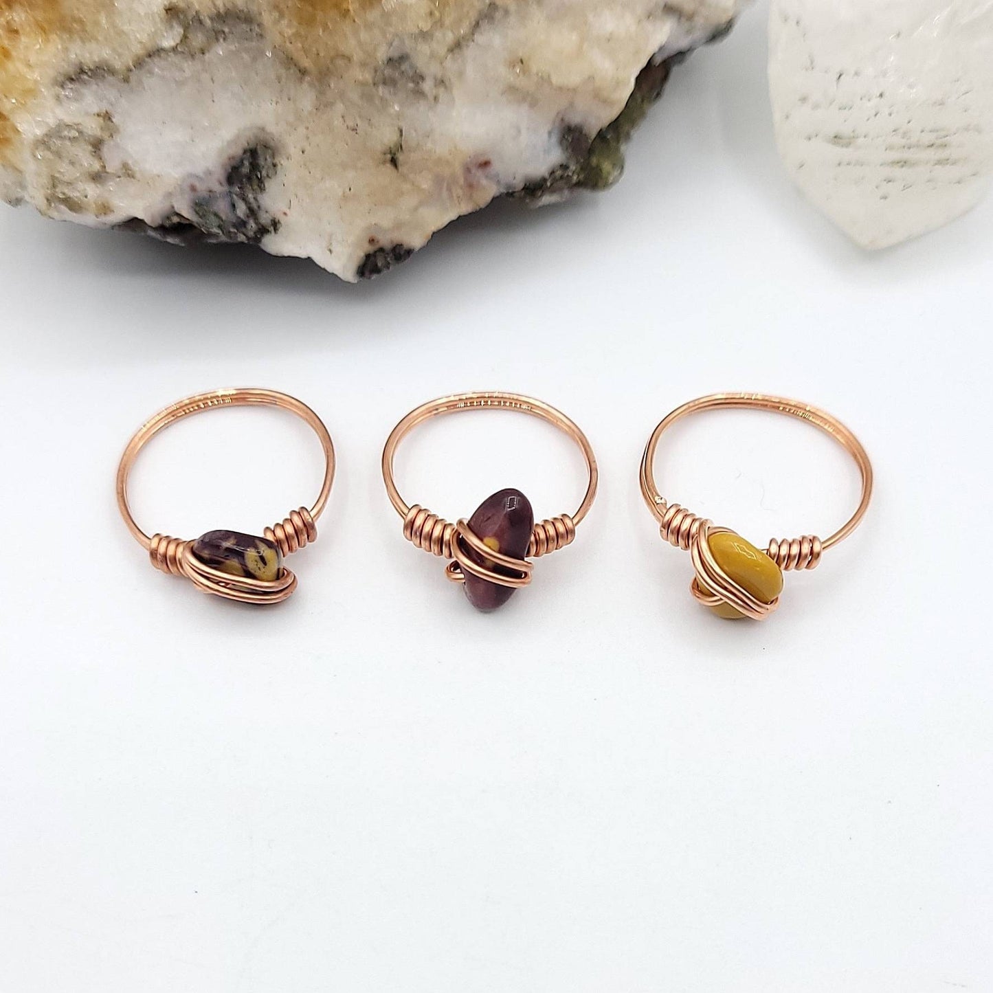 Mookaite Jasper Ring, Copper Wire Wrapped Ring top view