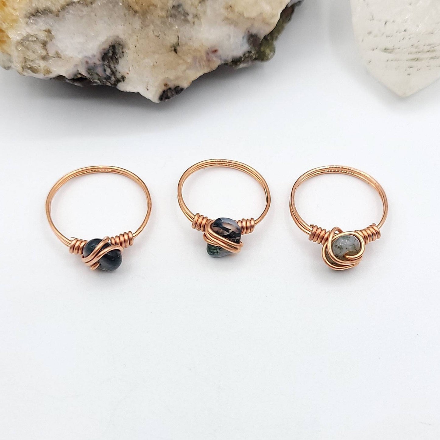 Green Moss Agate Ring, Copper Wire Wrapped Ring