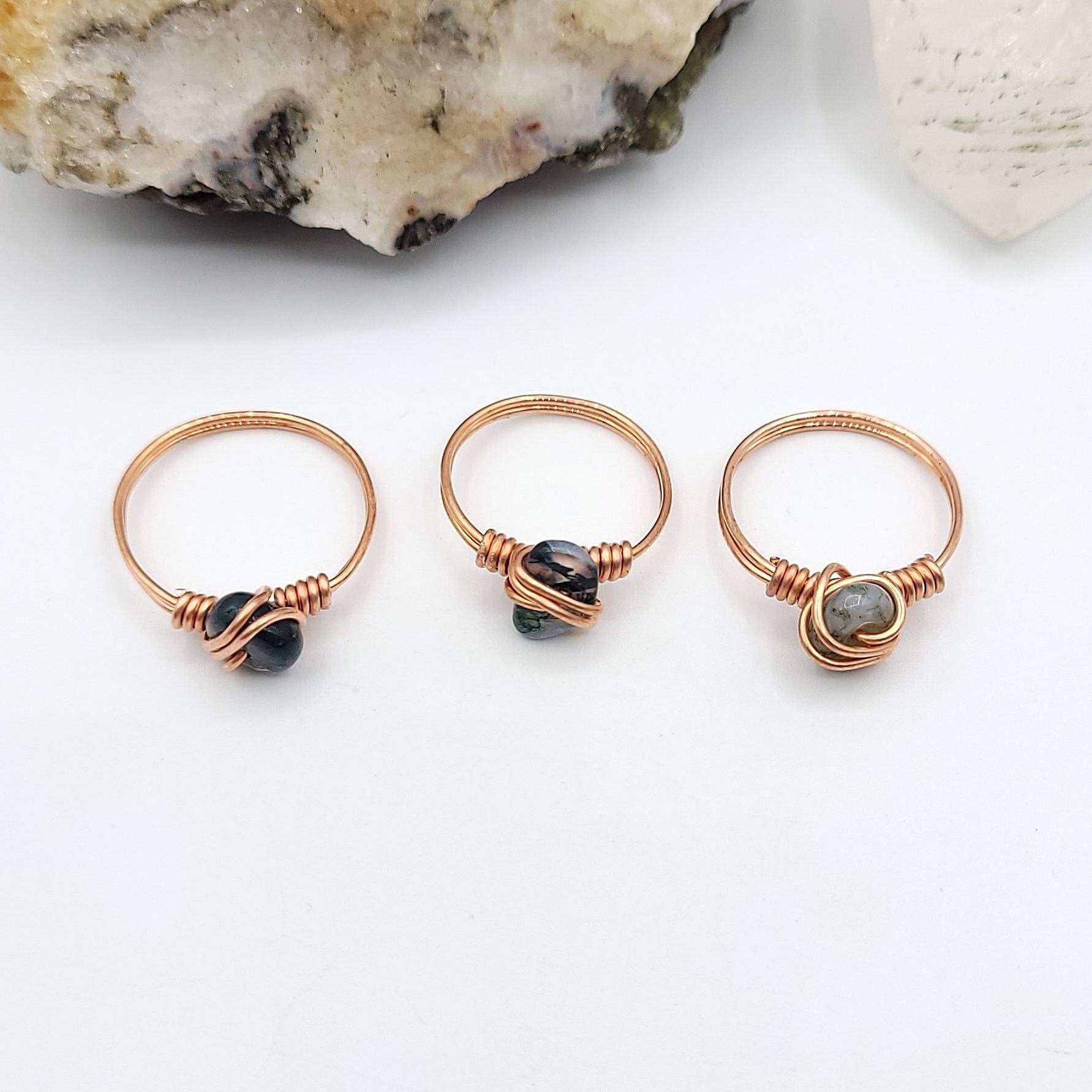 Green Moss Agate Ring, Copper Wire Wrapped Ring