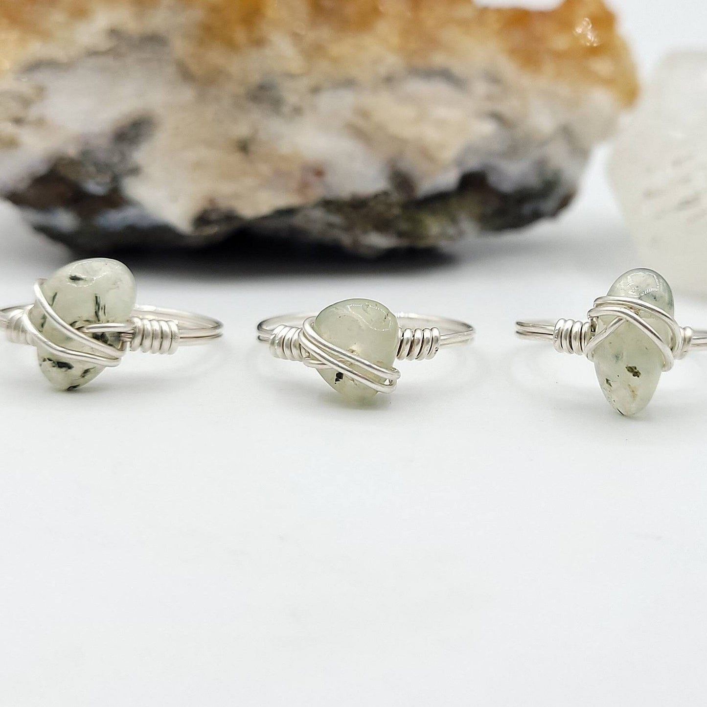 Prehnite Ring, Silver Wire Wrapped Ring