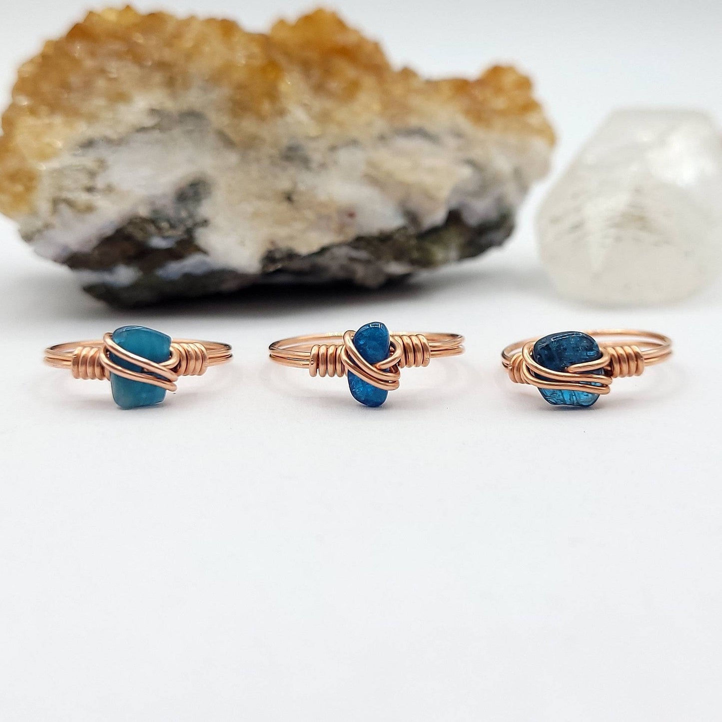 Blue Apatite Ring, Copper Wire Wrapped Ring