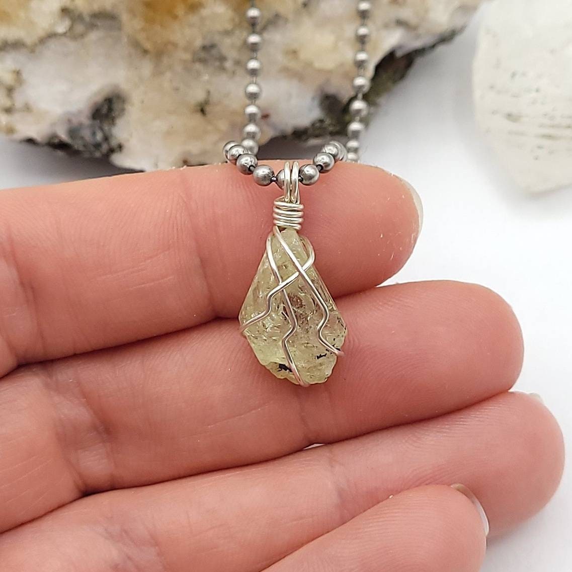 Raw Diopside Crystal Necklace in Silver, close up