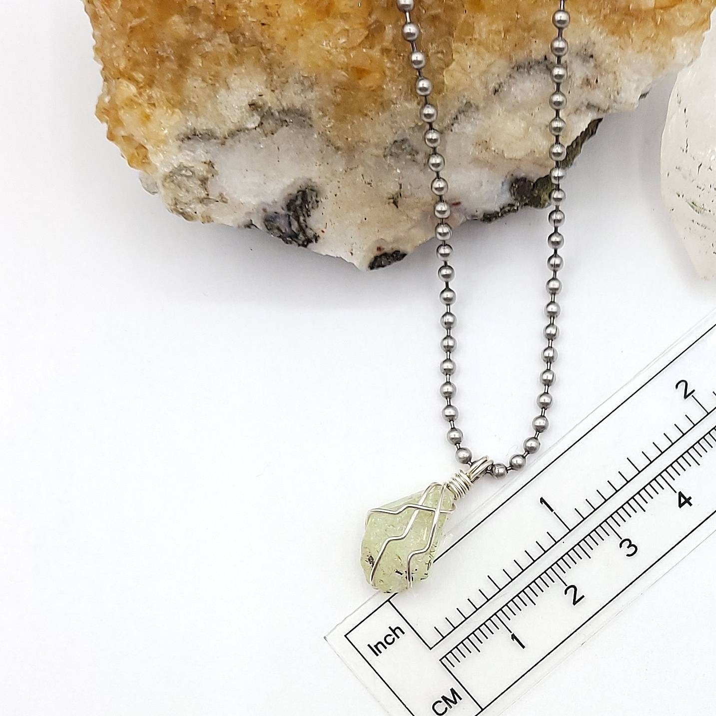 Raw Diopside Crystal Necklace in Silver, measurement