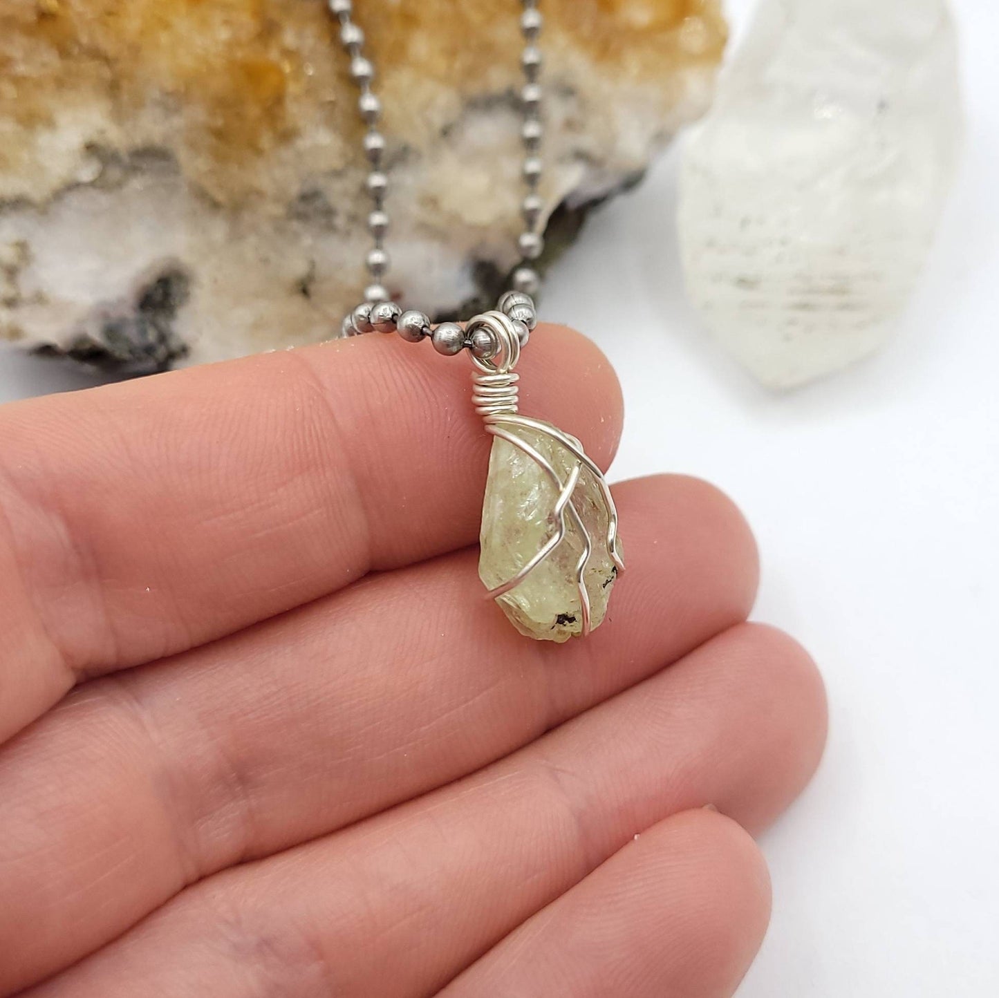 Raw Diopside Crystal Necklace in Silver, side view