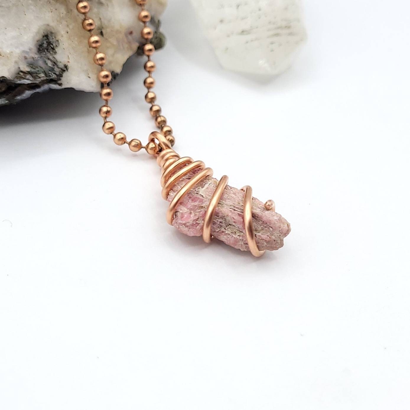 Rhodonite Necklace, Copper Wire Wrapped Rhodonite Pendant