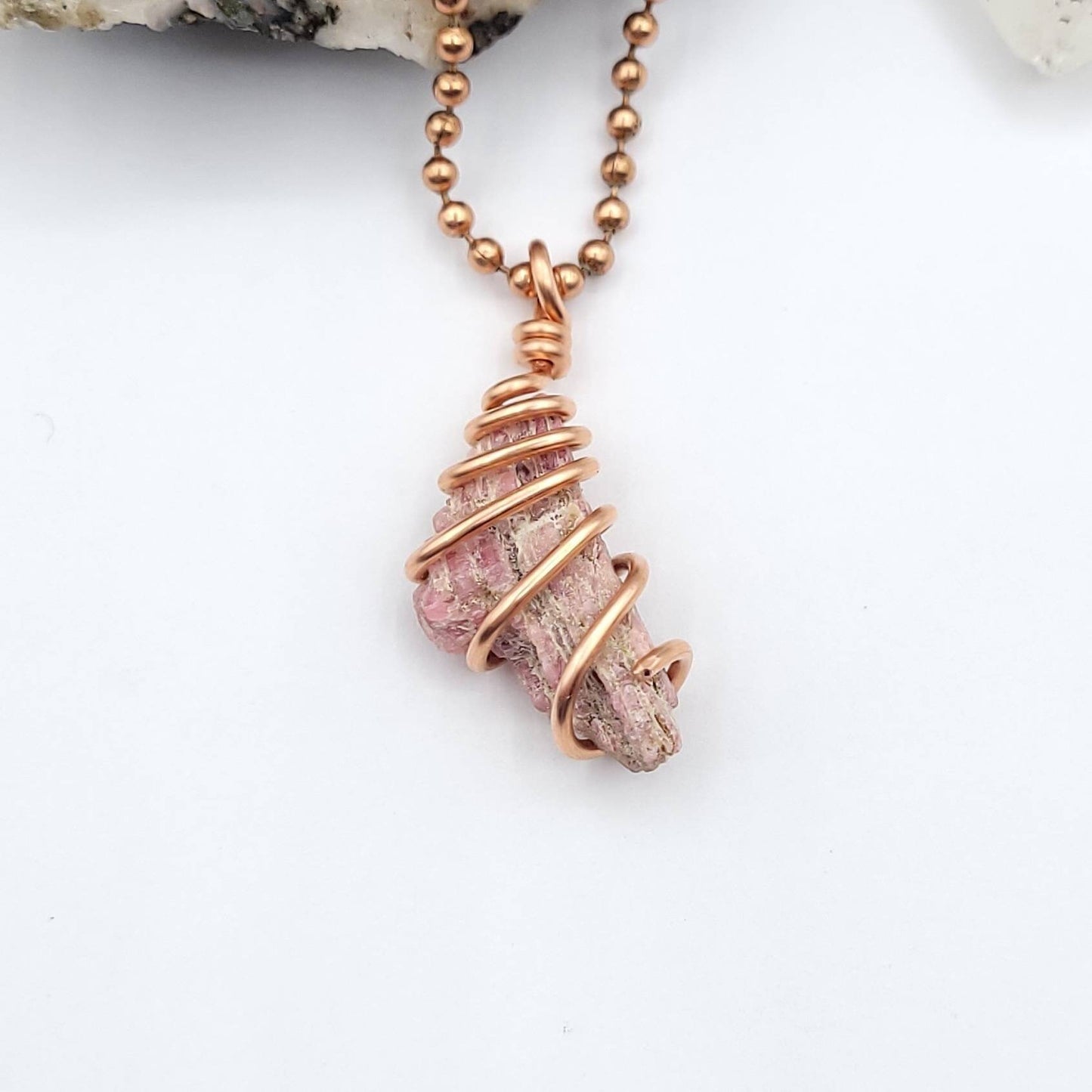 Rhodonite Necklace, Copper Wire Wrapped Rhodonite Pendant