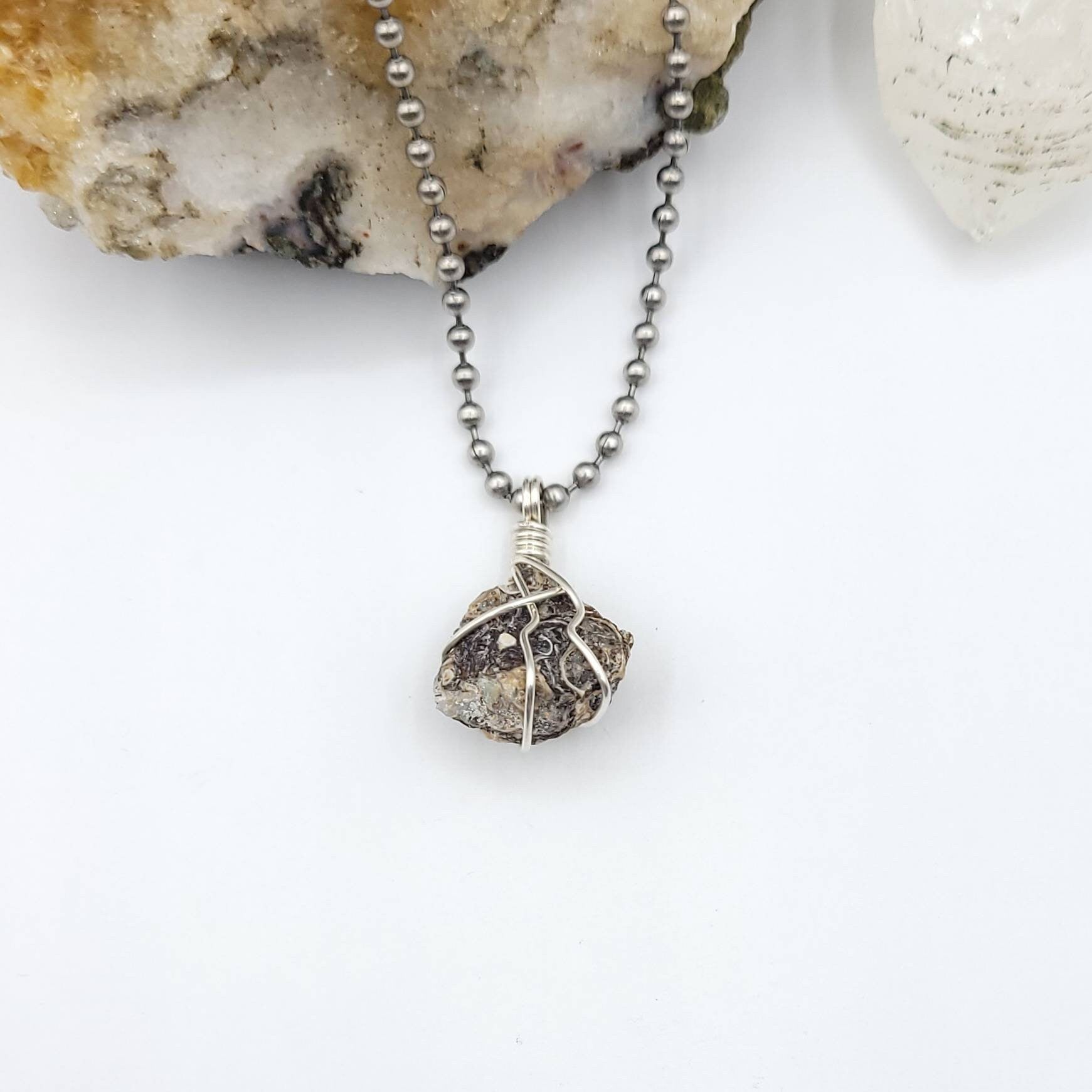 Turritella Agate Necklace, Silver Wire Wrapped Turritella Pendant | Promotes Strength, Protection, Energizing and Cleansing