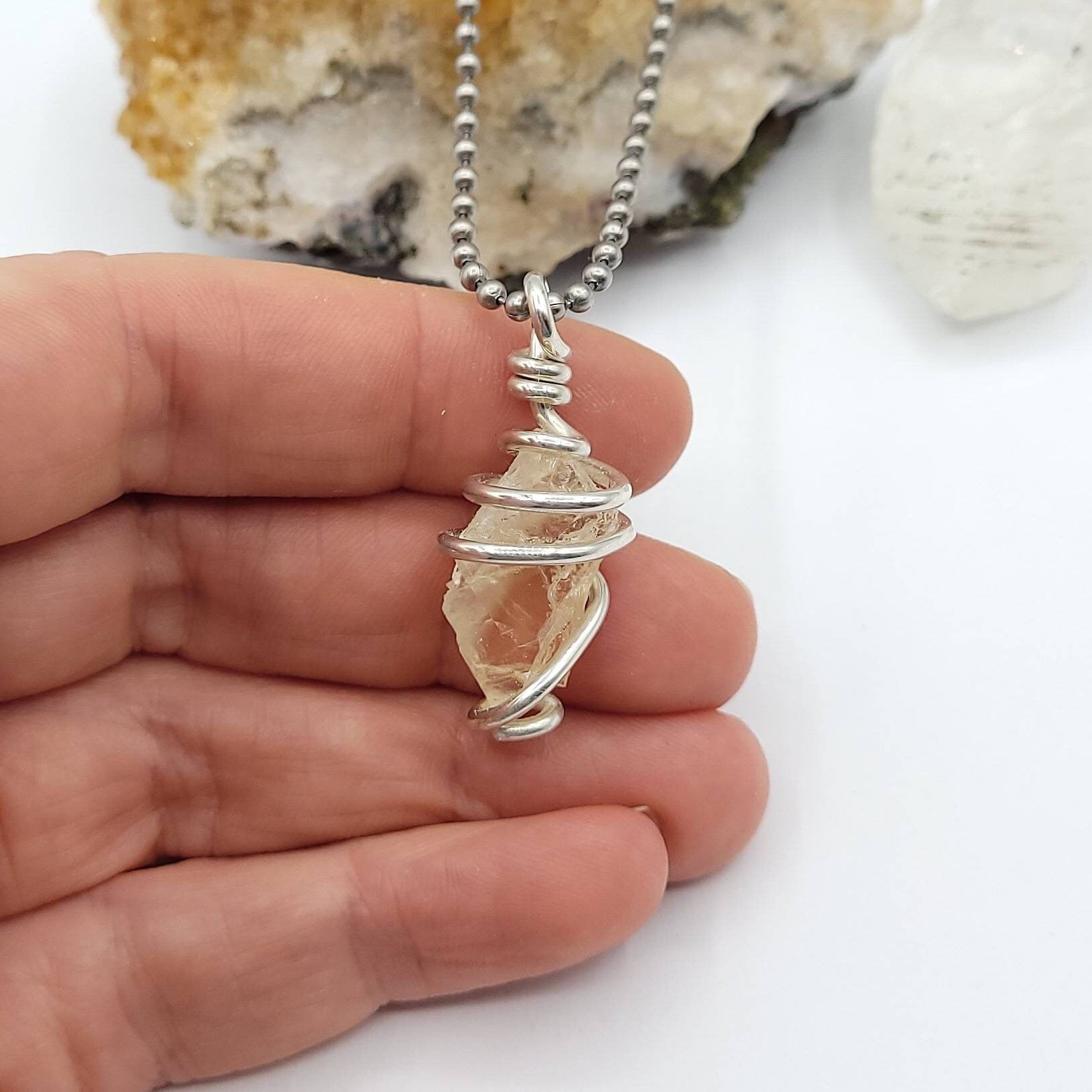 Raw Honey Calcite Crystal Necklace in Silver Wire