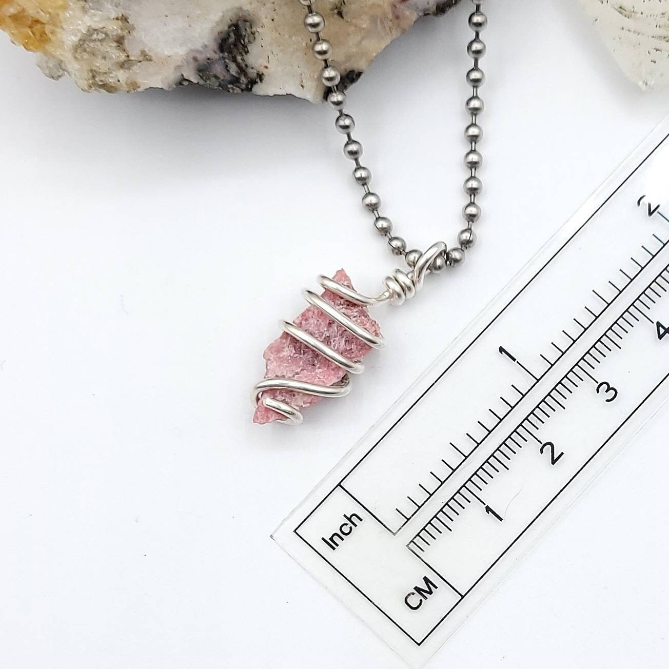 Raw Rhodonite Necklace, Silver Wire Wrapped Rhodonite Pendant