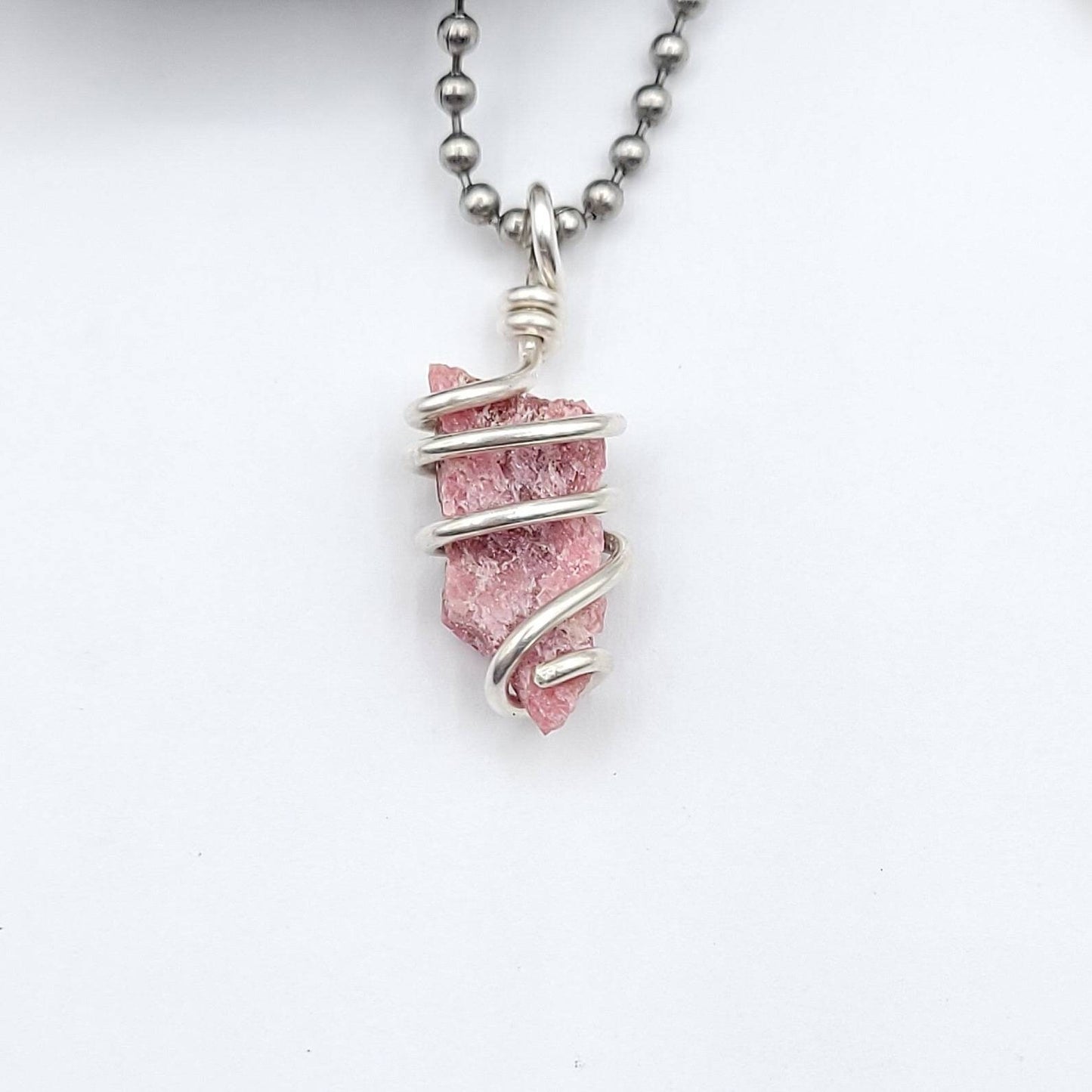 Raw Rhodonite Necklace, Silver Wire Wrapped Rhodonite Pendant