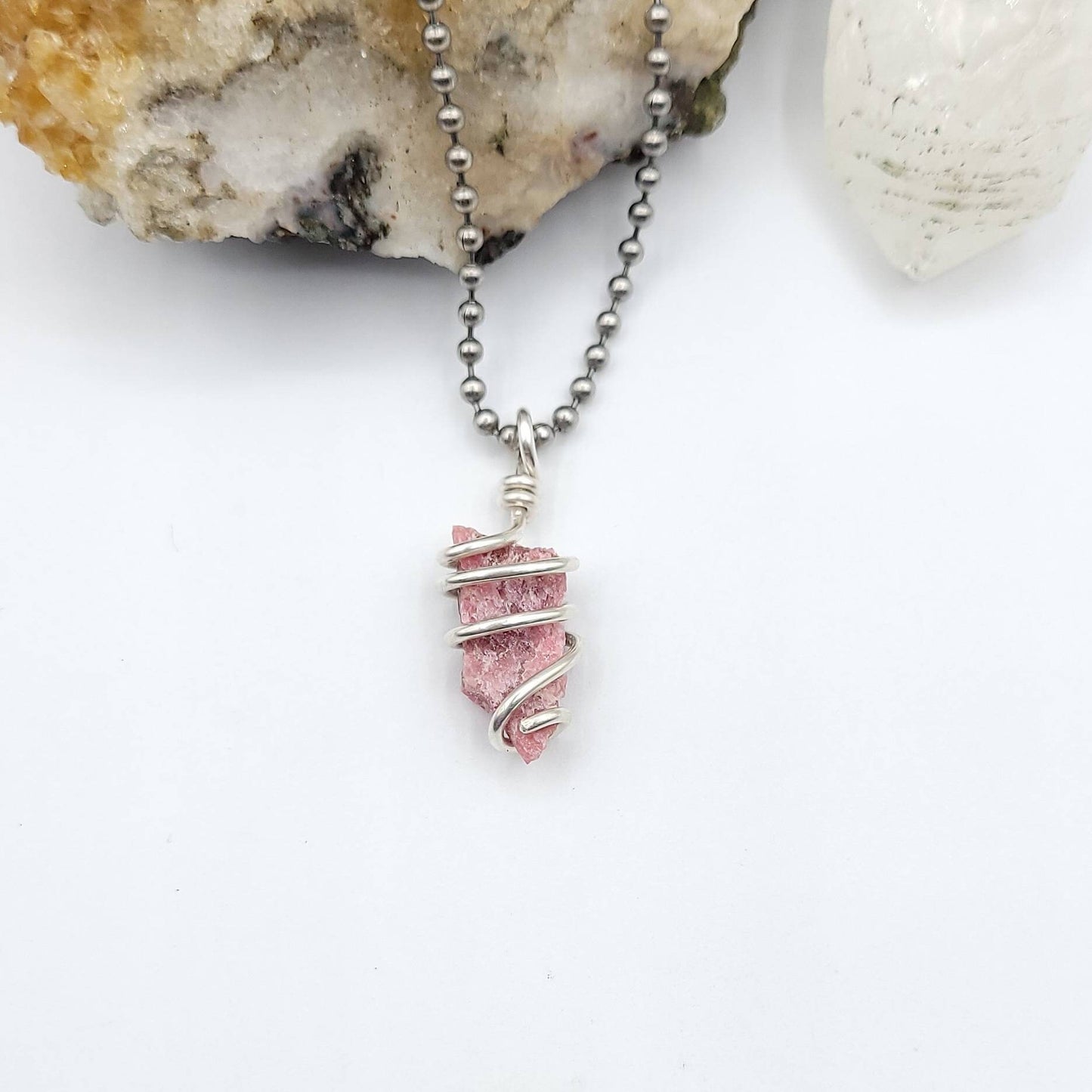 Raw Rhodonite Necklace, Silver Wire Wrapped Rhodonite Pendant