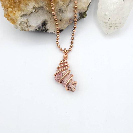 Rhodonite Necklace, Copper Wire Wrapped Rhodonite Pendant