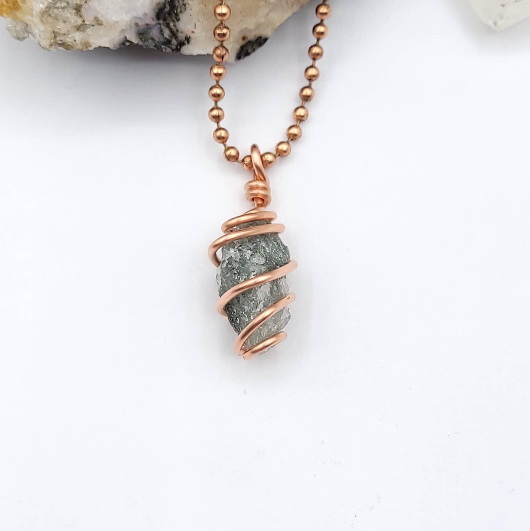 Green Quartz Necklace, Copper Wire Wrapped Green Quartz Pendant, Crystal Necklace