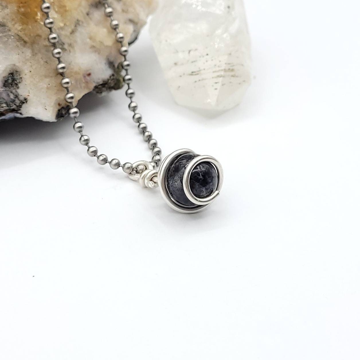 Tourmalated Quartz Sphere Necklace, Silver Wire Wrapped Tourmalated Quartz Pendant