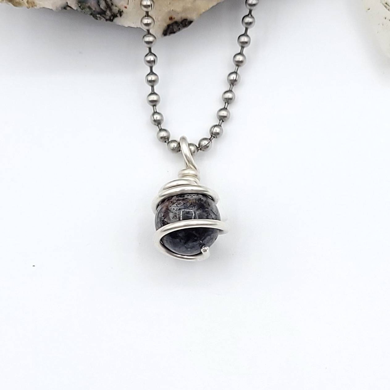 Tourmalated Quartz Sphere Necklace, Silver Wire Wrapped Tourmalated Quartz Pendant