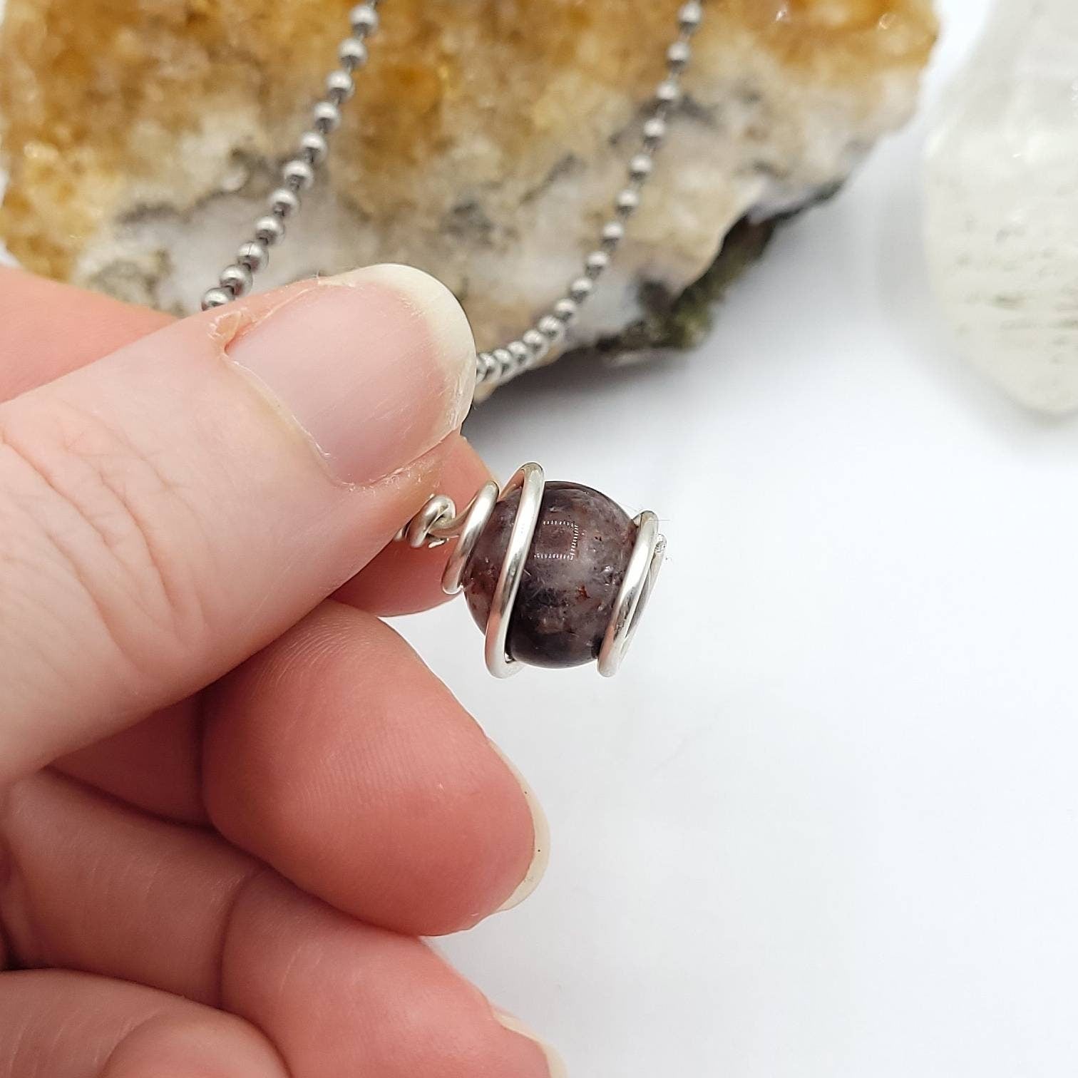 Hematoid Quartz Sphere Necklace, Harlequin Quartz, Silver Wire Wrapped Red Quartz Pendant, Crystal Necklace