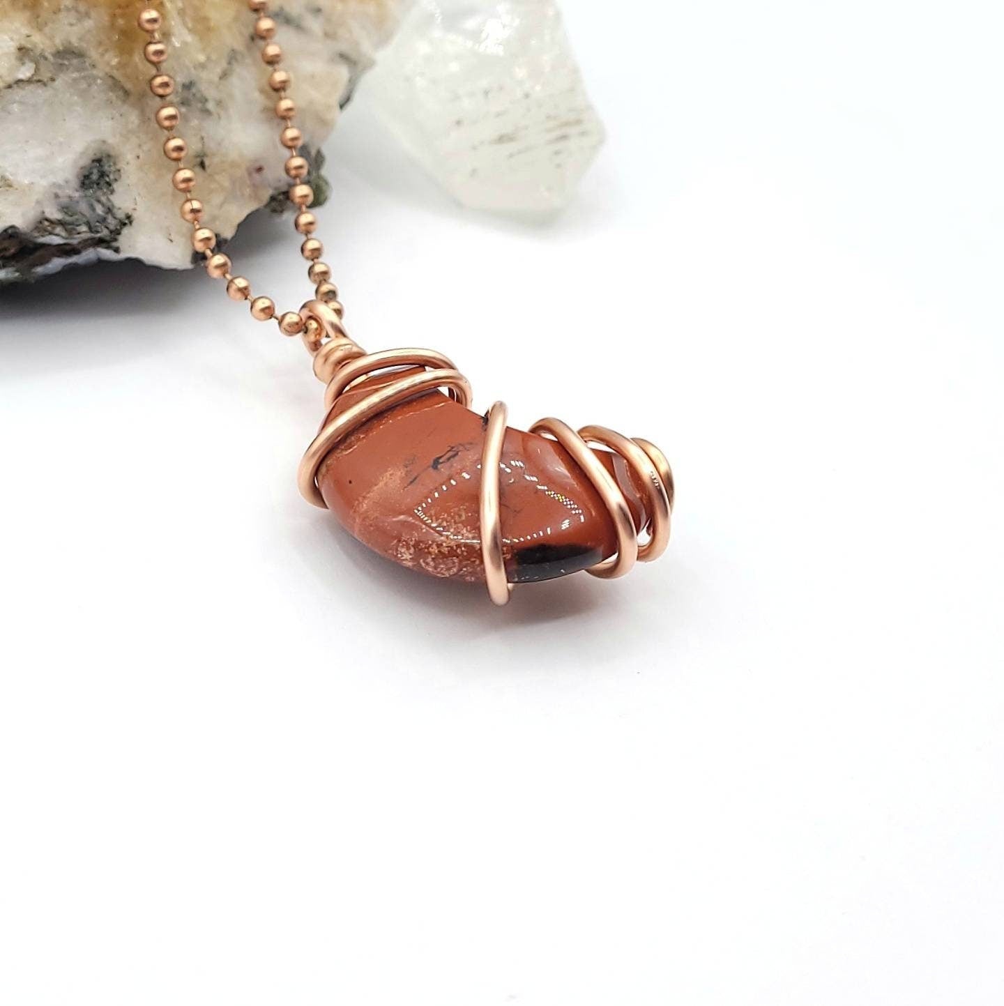 Red Jasper Moon Necklace, Copper Wire Wrapped Red Jasper Pendant | Promotes Stability and Balance
