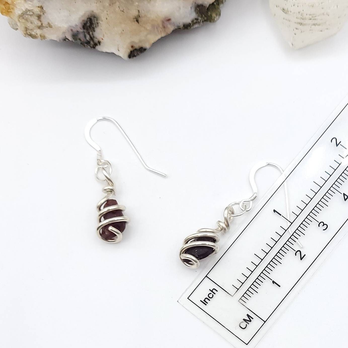 Raw Garnet Dangle Earrings in Sterling Silver, measurement