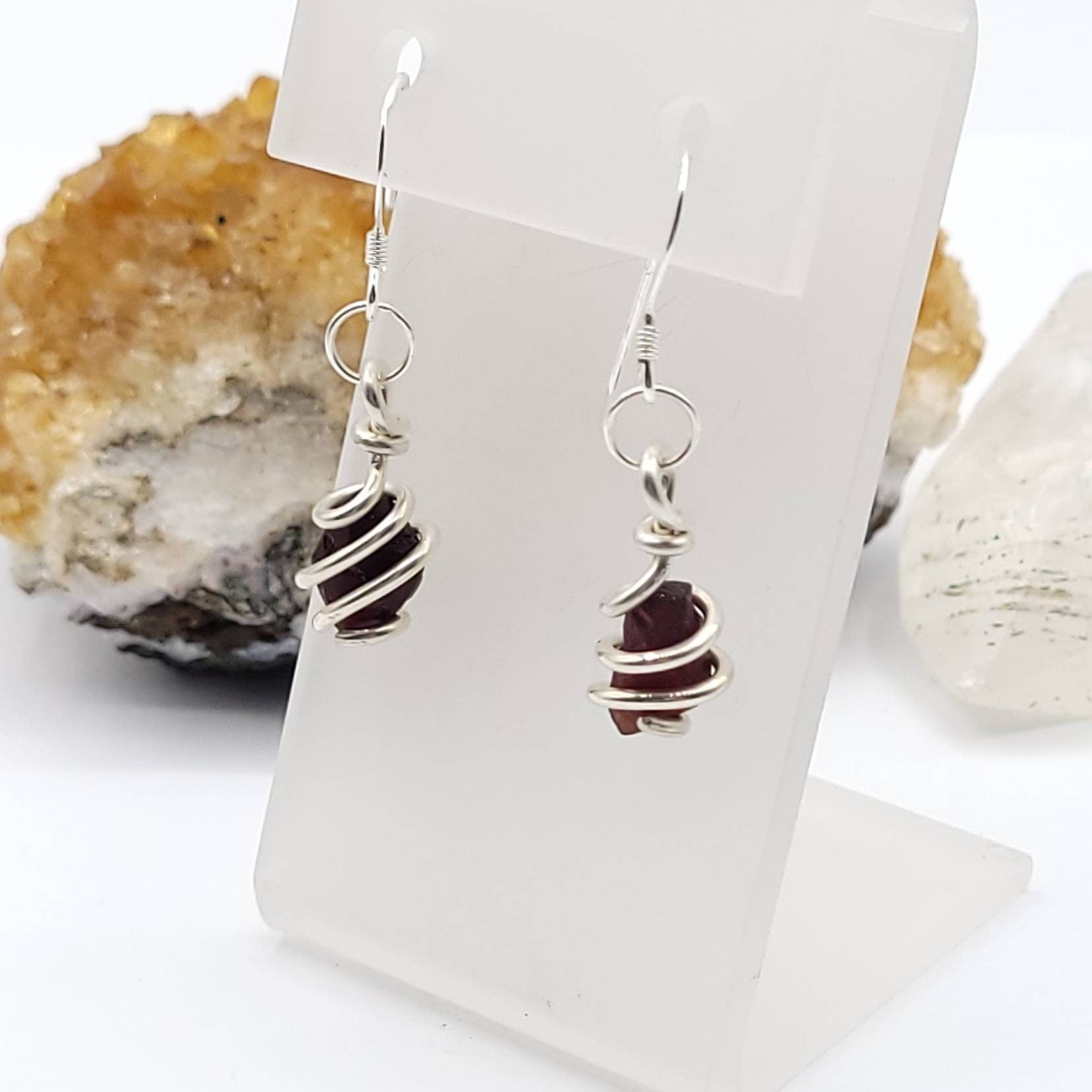Raw Garnet Dangle Earrings in Sterling Silver, hanging