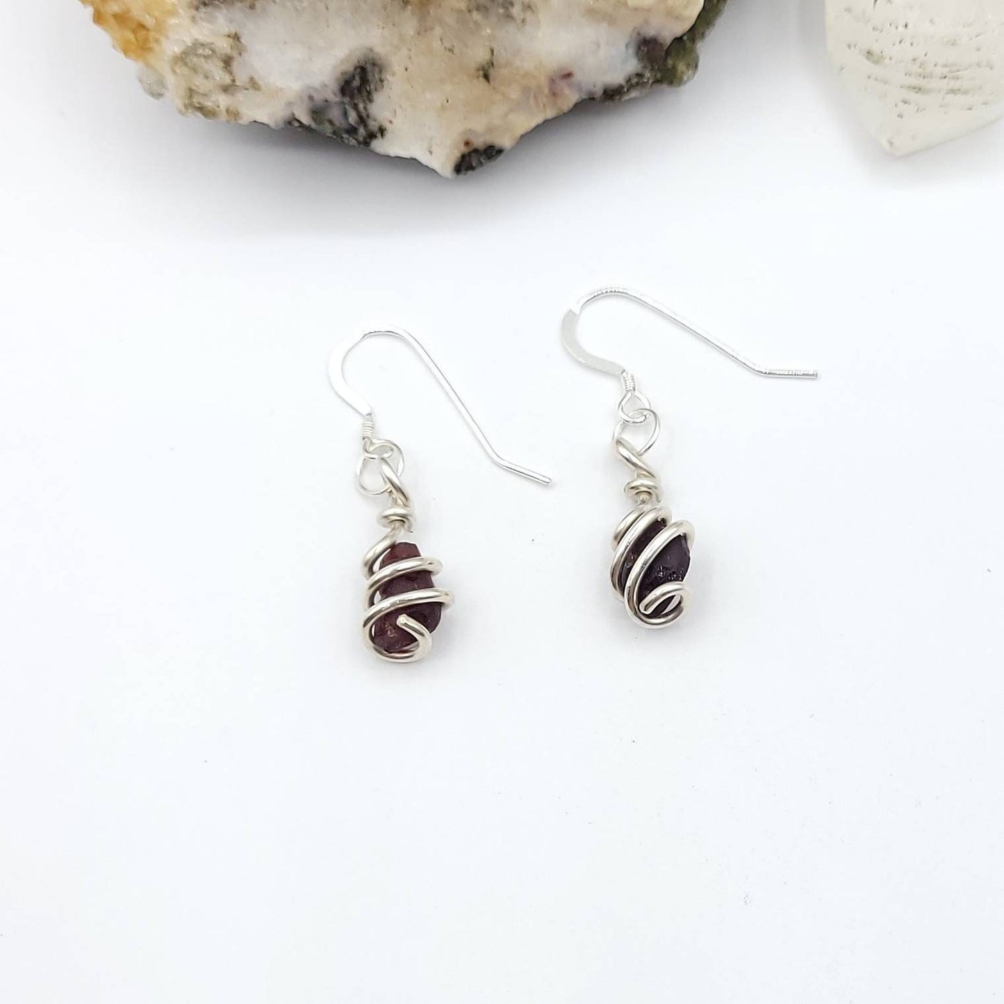 Raw Garnet Dangle Earrings in Sterling Silver, white background