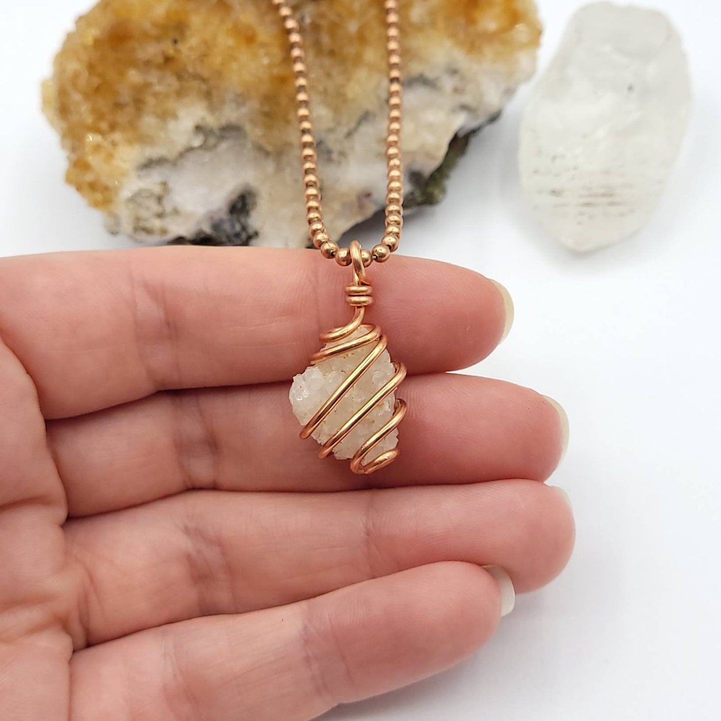 Drusy Quartz Necklace, Copper Wire Wrapped Arkansas Quartz Drusy Pendant