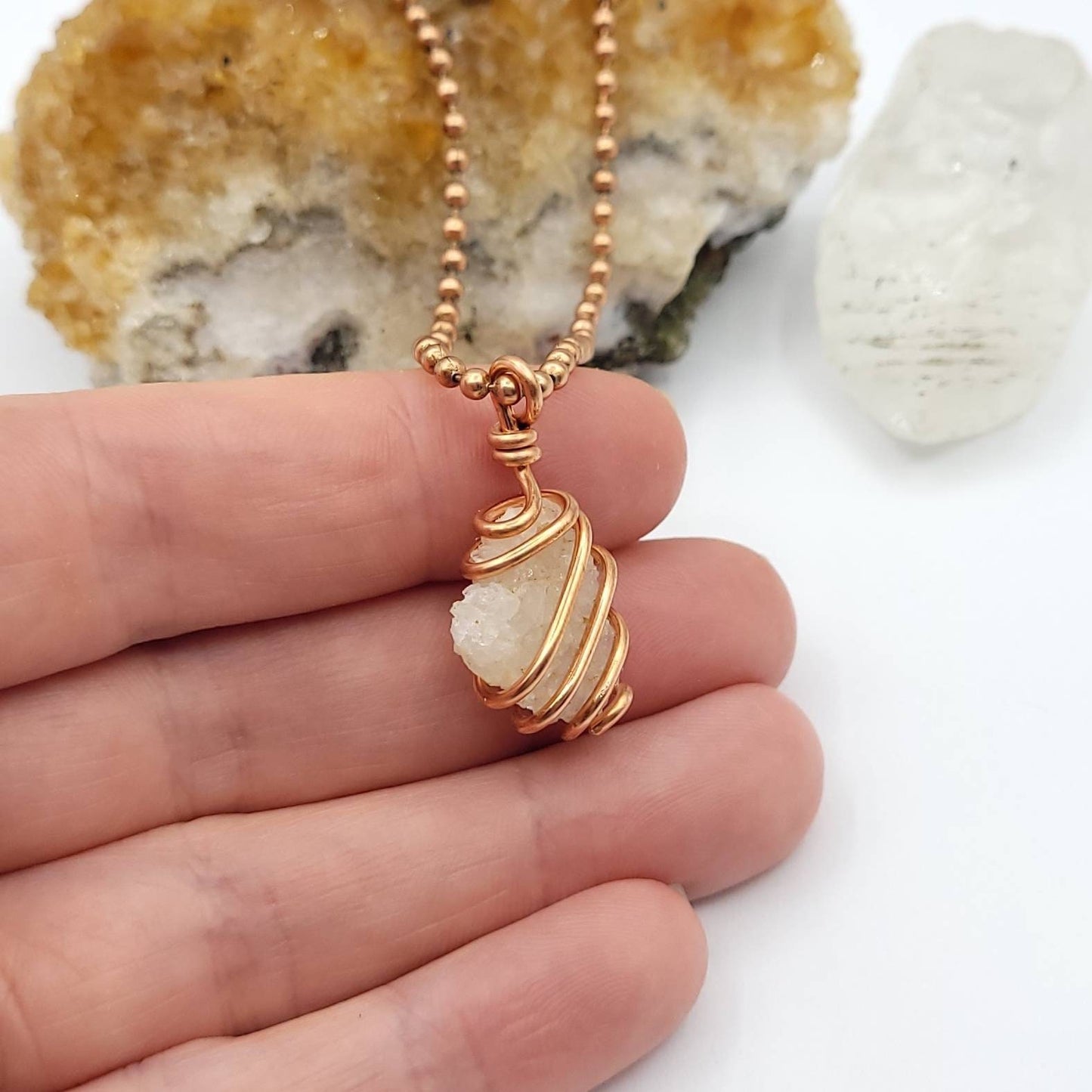 Drusy Quartz Necklace, Copper Wire Wrapped Arkansas Quartz Drusy Pendant