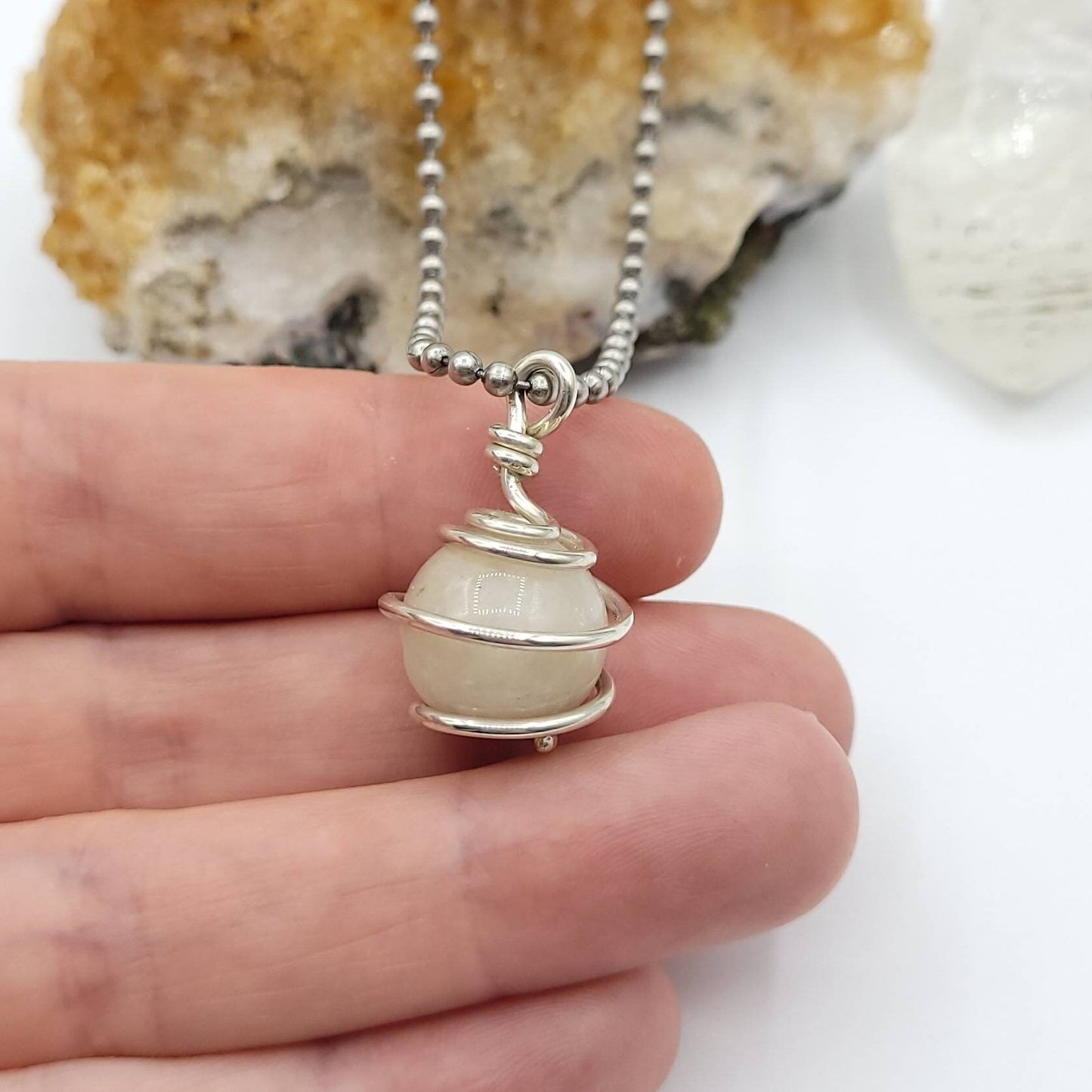 Rainbow Moonstone Sphere Necklace, Silver Wire Wrapped Moonstone Pendant