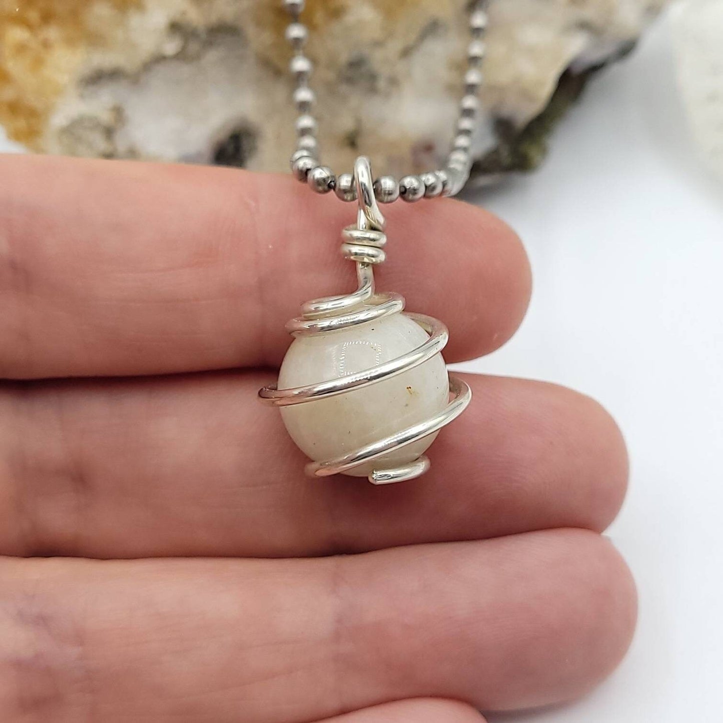 Rainbow Moonstone Sphere Necklace, Silver Wire Wrapped Moonstone Pendant