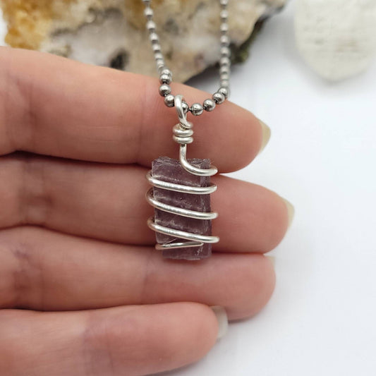 Lepidolite Necklace, Silver Wire Wrapped Lepidolite Mica Pendant, Balancing Necklace, Calming Crystal