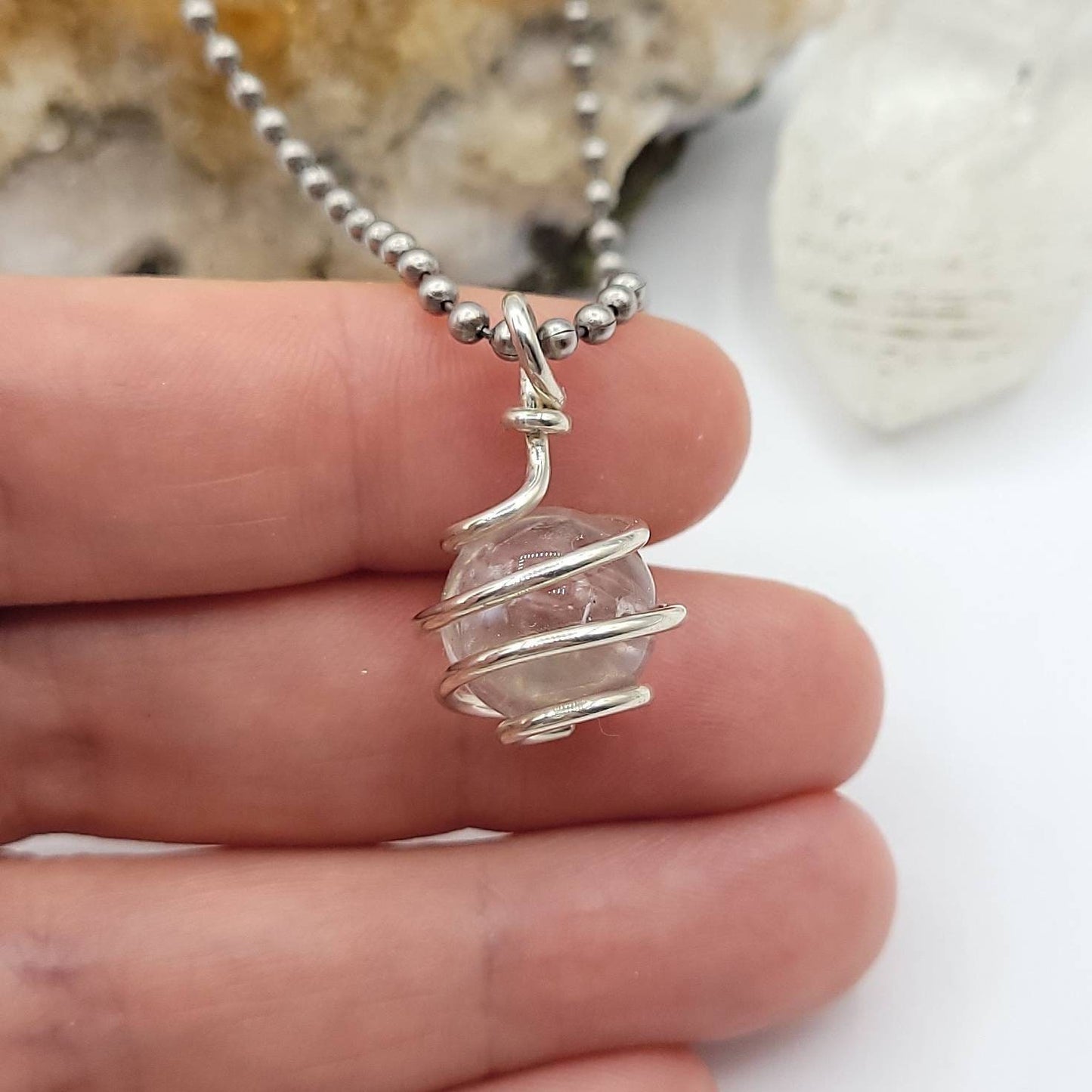 Clear Quartz Necklace, Silver Wire Wrapped Clear Quartz Sphere Pendant, Crystal Necklace