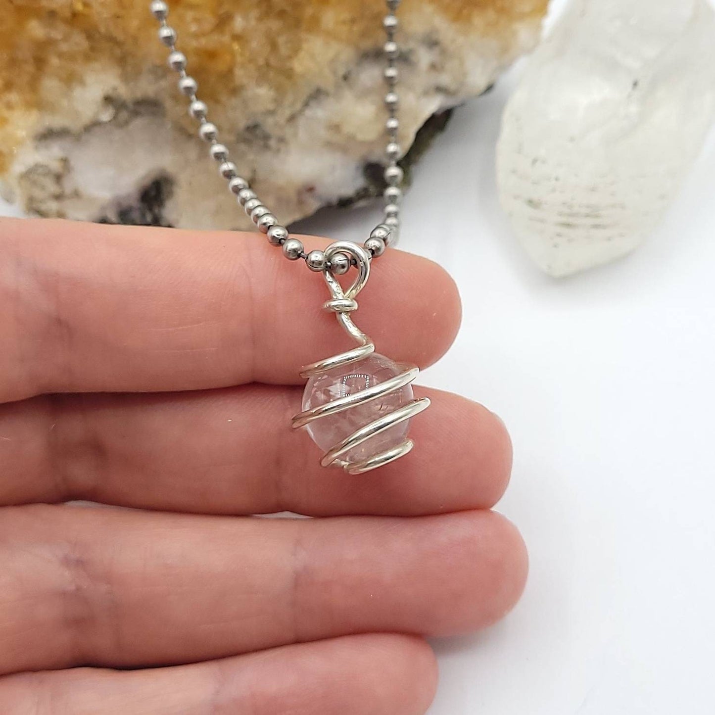 Clear Quartz Necklace, Silver Wire Wrapped Clear Quartz Sphere Pendant, Crystal Necklace