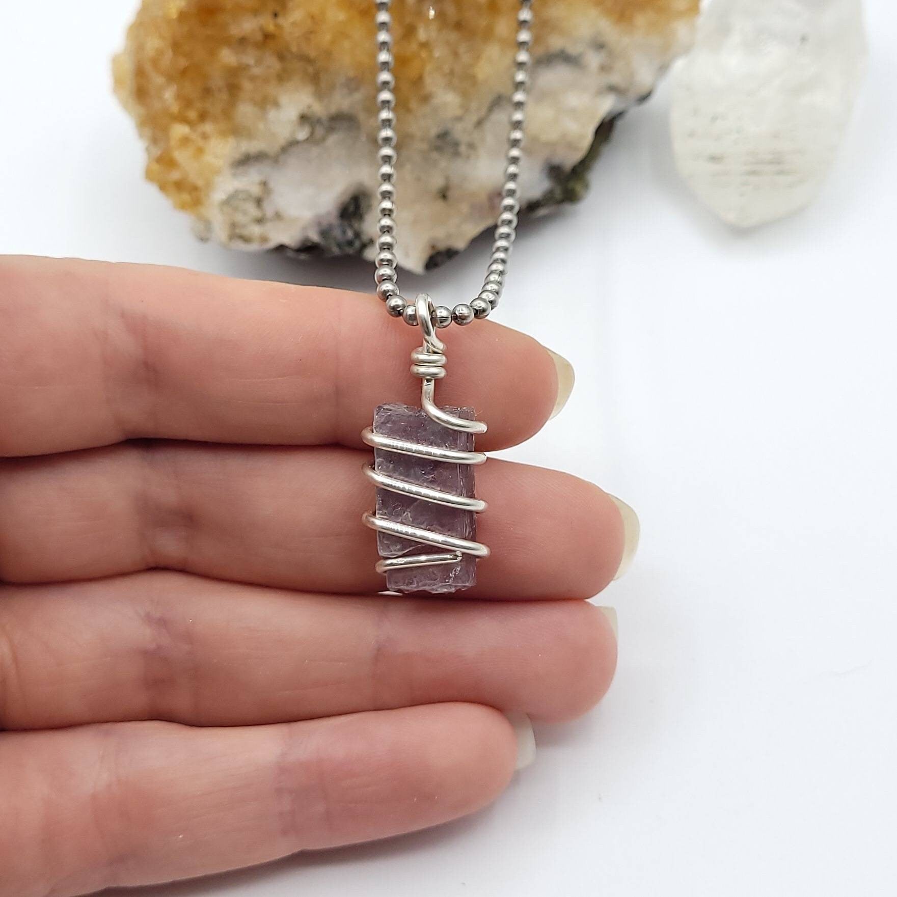 Lepidolite Necklace, Silver Wire Wrapped Lepidolite Mica Pendant, Balancing Necklace, Calming Crystal