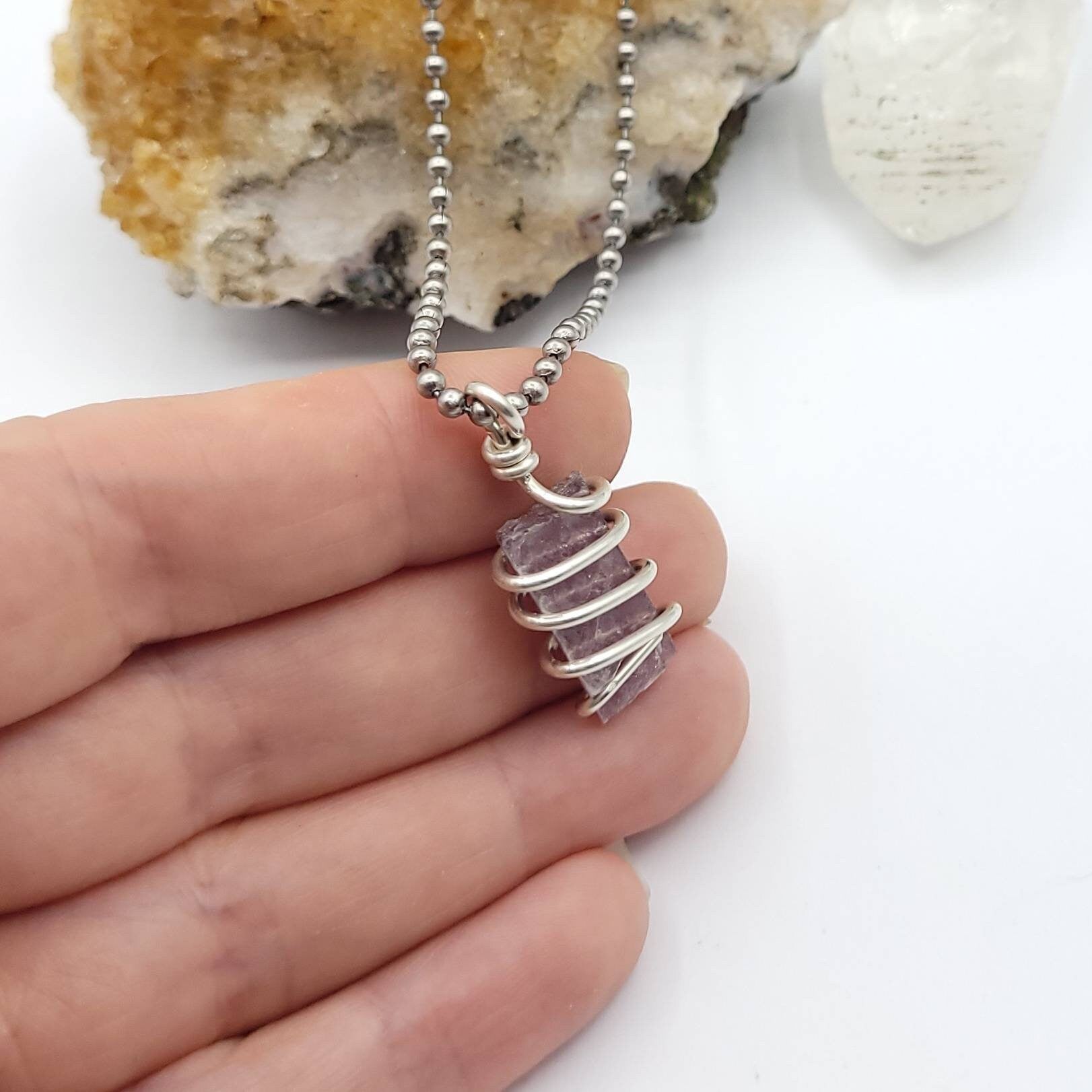 Lepidolite Necklace, Silver Wire Wrapped Lepidolite Mica Pendant, Balancing Necklace, Calming Crystal