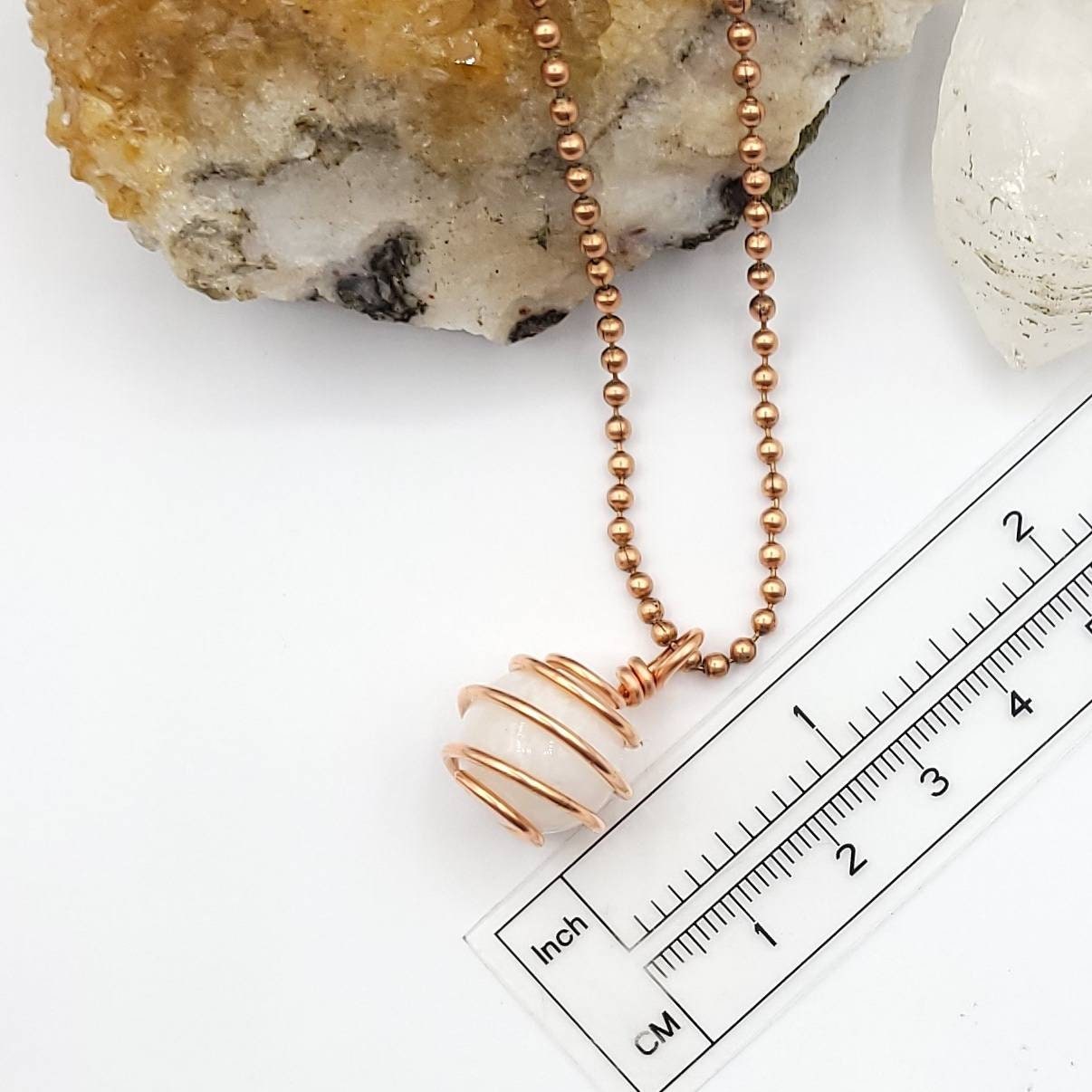 Rainbow Moonstone Sphere Necklace, Copper Wire Wrapped Moonstone Pendant