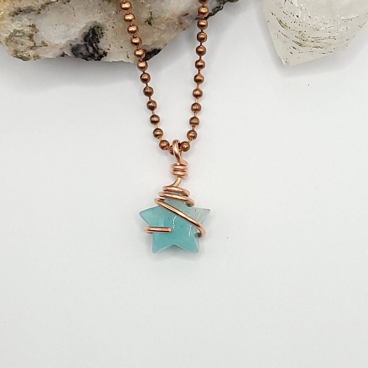 Amazonite Star Necklace, Copper Wire Wrapped Amazonite Pendant, Crystal Star Pendant