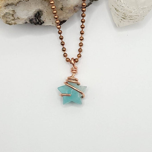 Amazonite Star Necklace, Copper Wire Wrapped Amazonite Pendant, Crystal Star Pendant