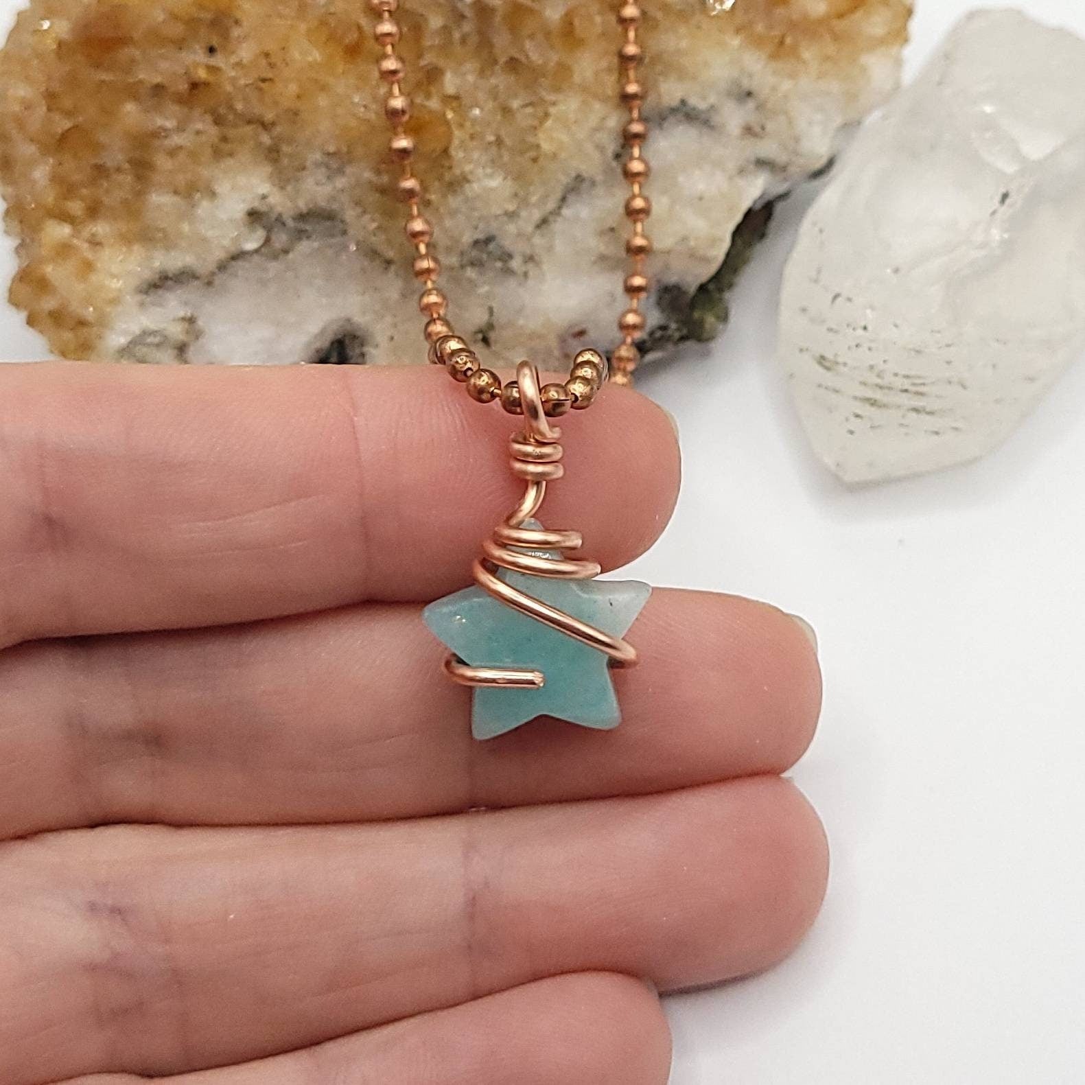 Amazonite Star Necklace, Copper Wire Wrapped Amazonite Pendant, Crystal Star Pendant
