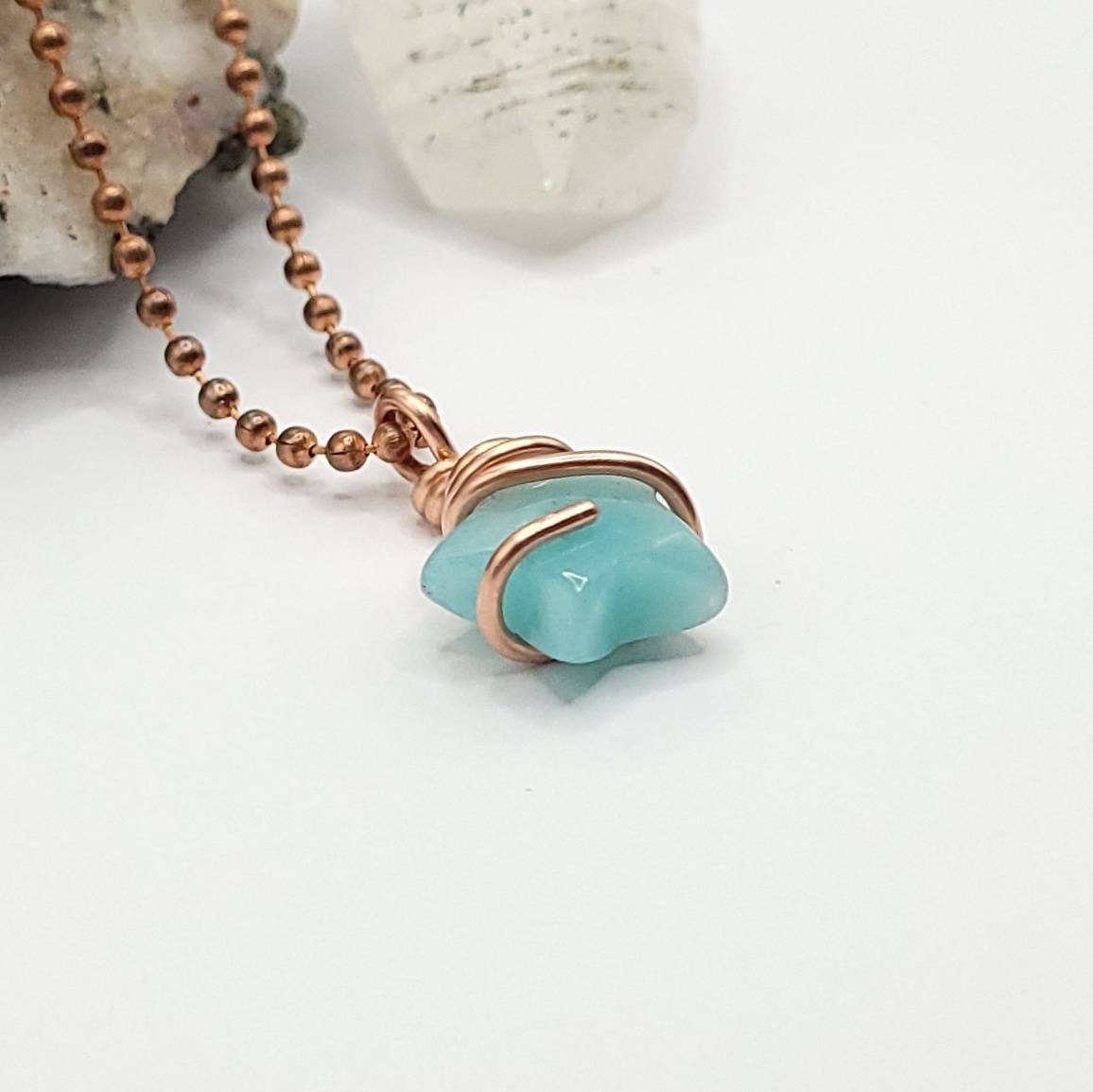 Amazonite Star Necklace, Copper Wire Wrapped Amazonite Pendant, Crystal Star Pendant