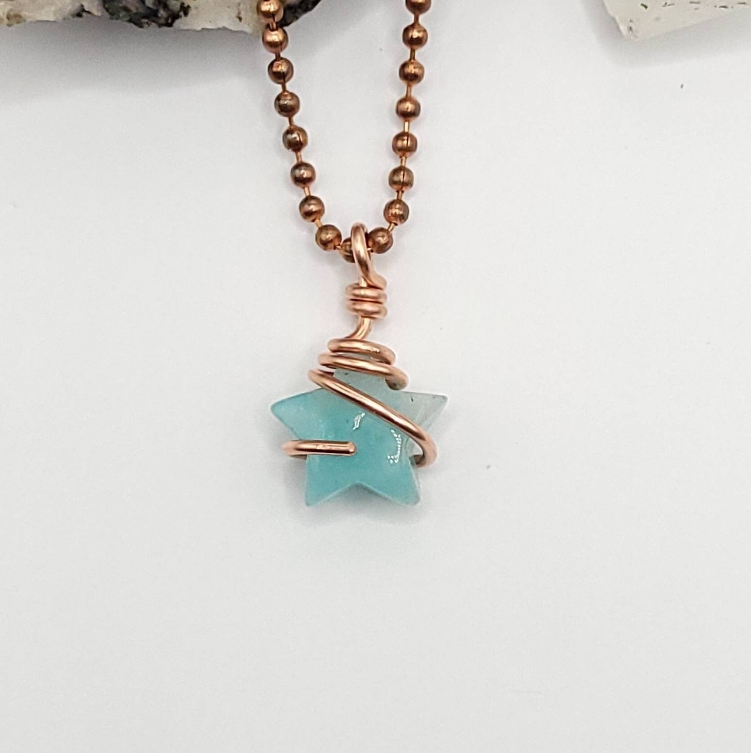 Amazonite Star Necklace, Copper Wire Wrapped Amazonite Pendant, Crystal Star Pendant